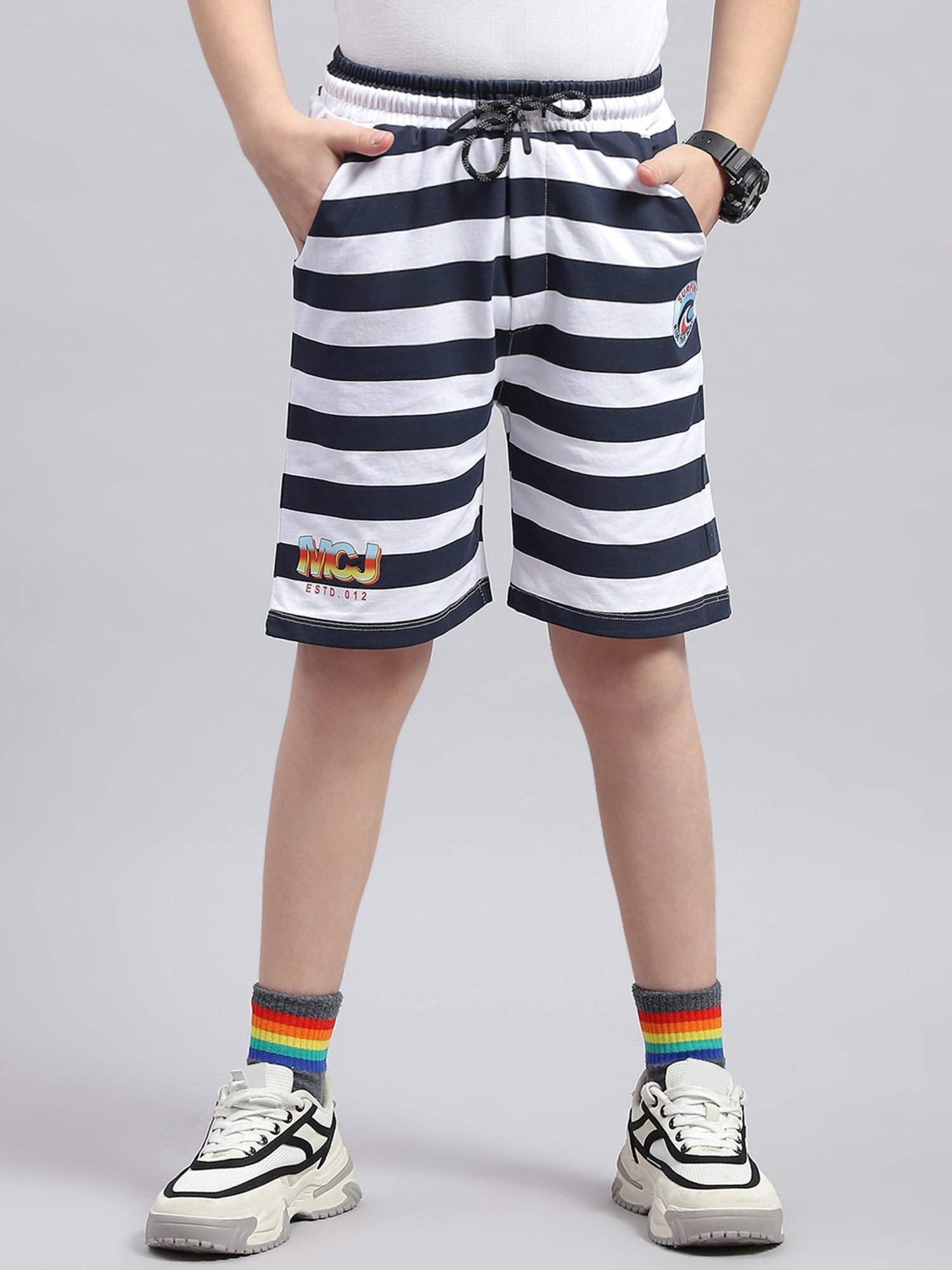 Monte Carlo Kids White & Navy Striped Bermuda