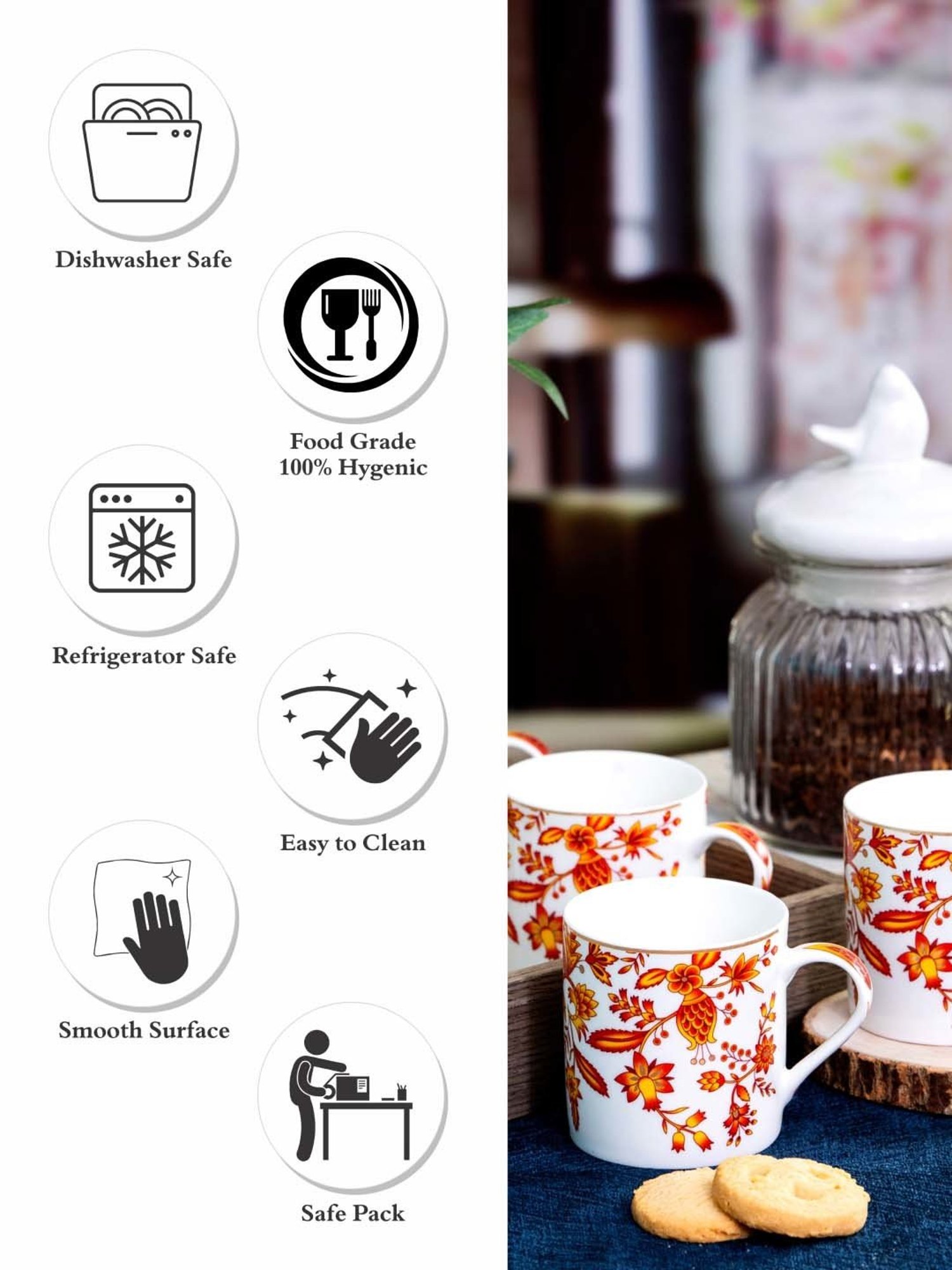 SONAKI White & Orange Bone China Tea Coffee Mugs - Set of 6