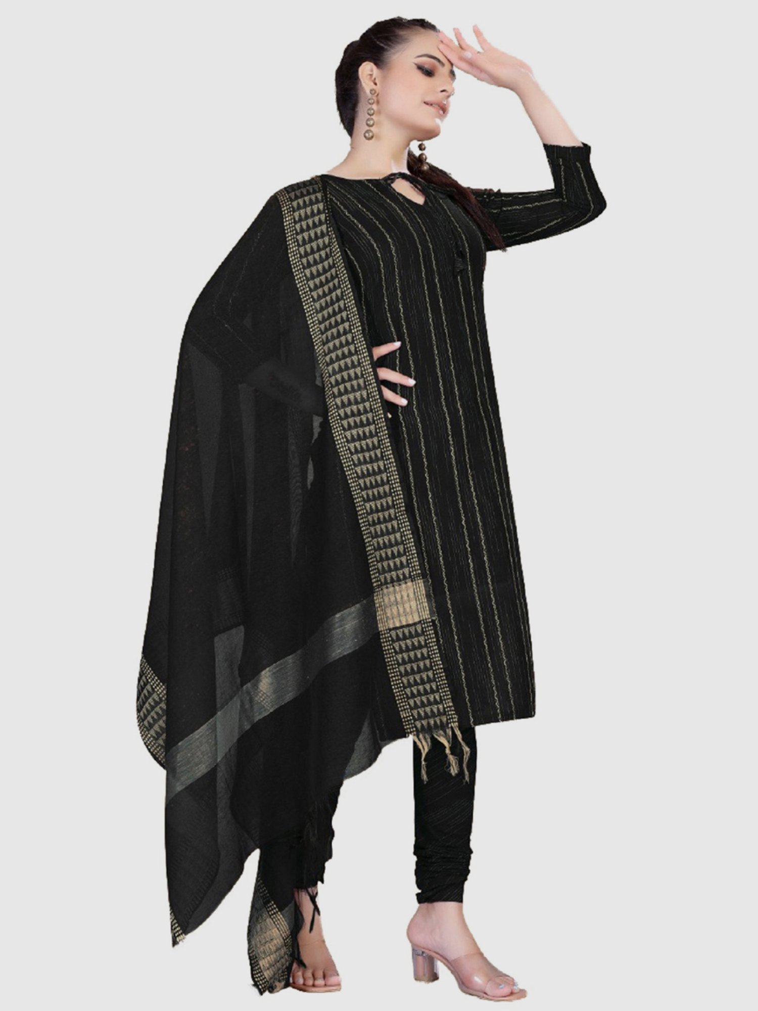 APNISHA Black Cotton Striped Unstitched Dress Material