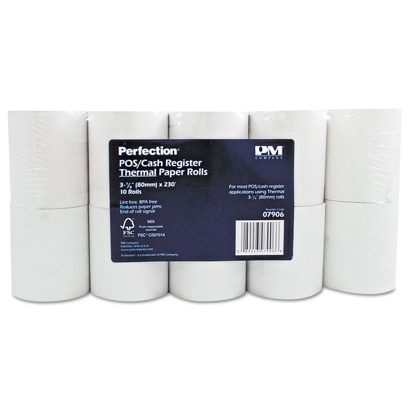 Pm Company Single Ply Thermal Cash Register/POS Rolls 3 1/8" x 230 ft. White 10/Pk 07906