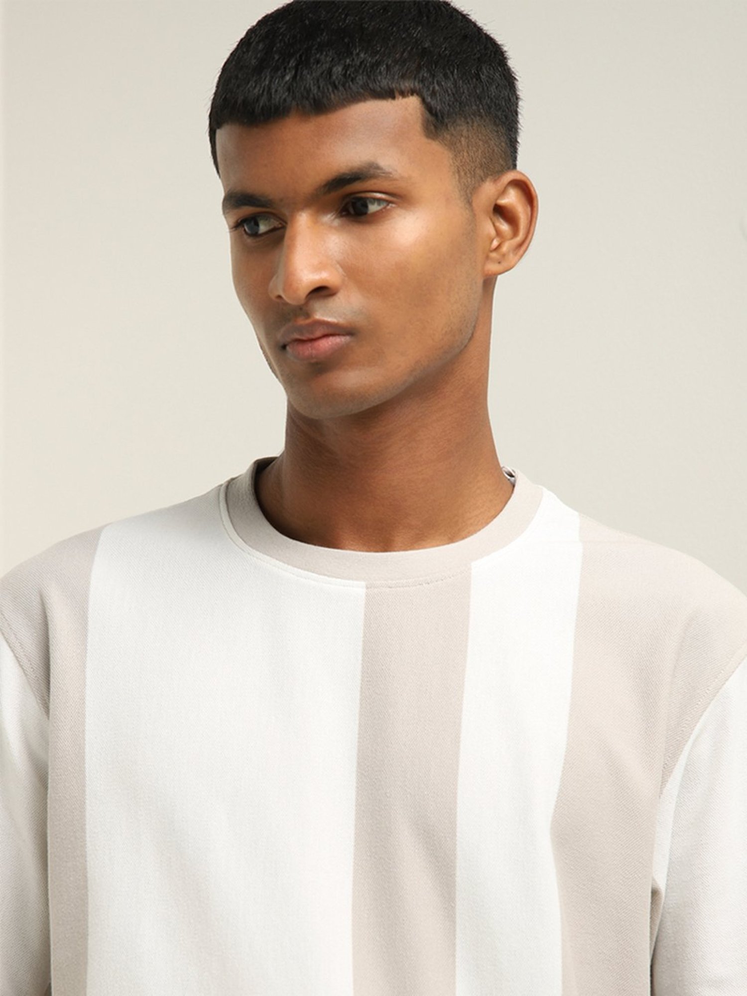 Nuon by Westside Beige Striped Regular-Fit T-Shirt