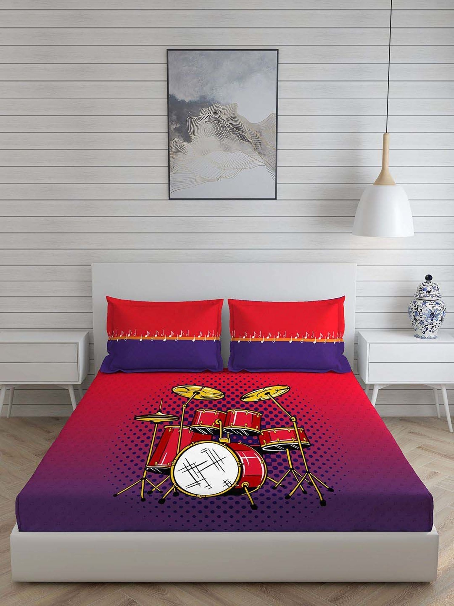 Boutique Living Musically Yours Red & Blue Cotton 140 TC King Size Bed Sheet with Pillow Cover