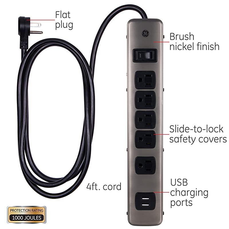 5-Outlet Sur Protector, 2 USB Charr Ports, 3 Prong Power Strip, 1000 Joules, 4 Ft Extension Cord, Flat Plug, Slide-to-Close Safety Outlets, Warranty, UL Listed, Brushed Nickel Design, 30572 BLACK