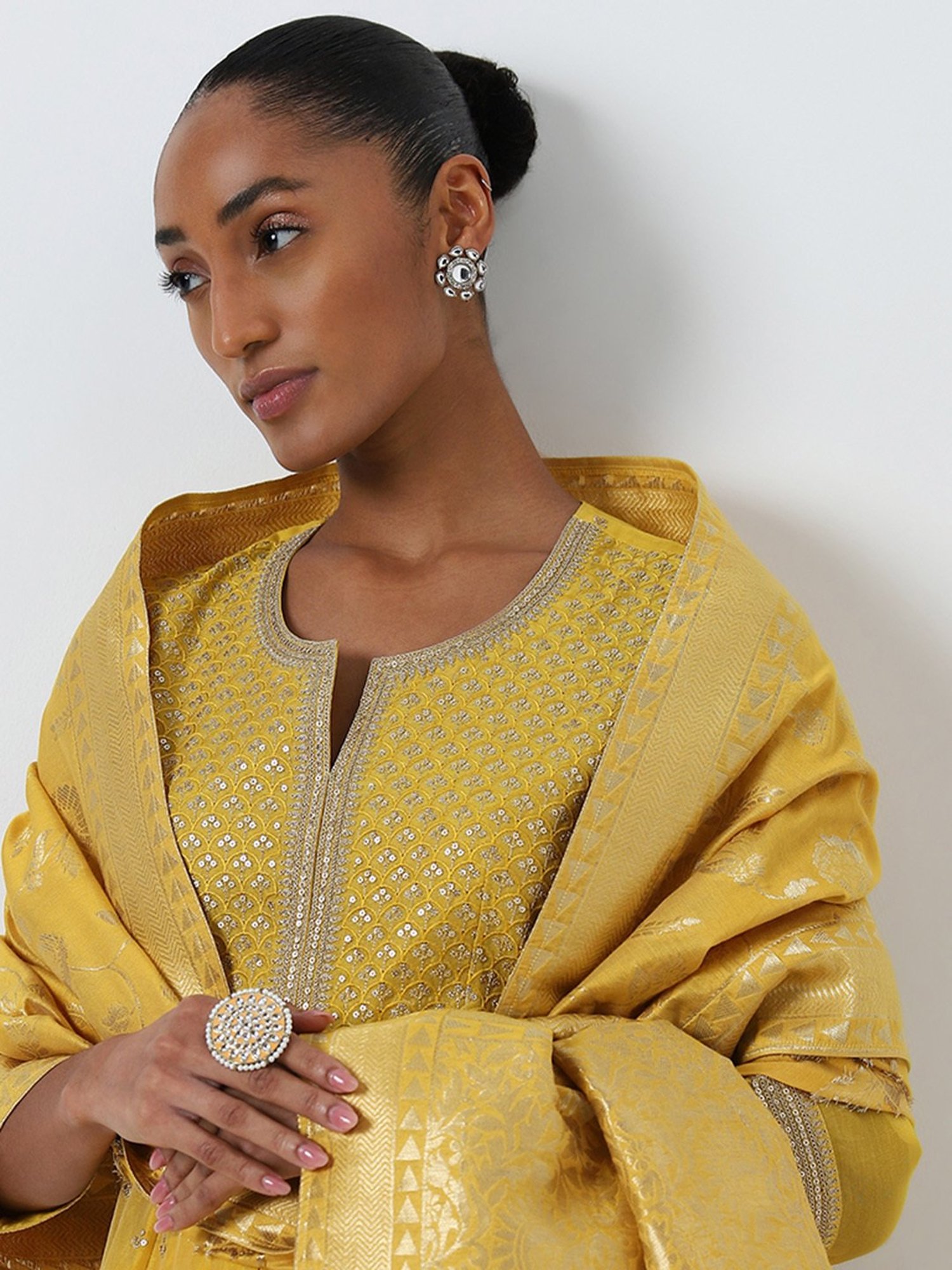 Vark by Westside Mustard Embellished Kurta, Skirt and Dupatta Set