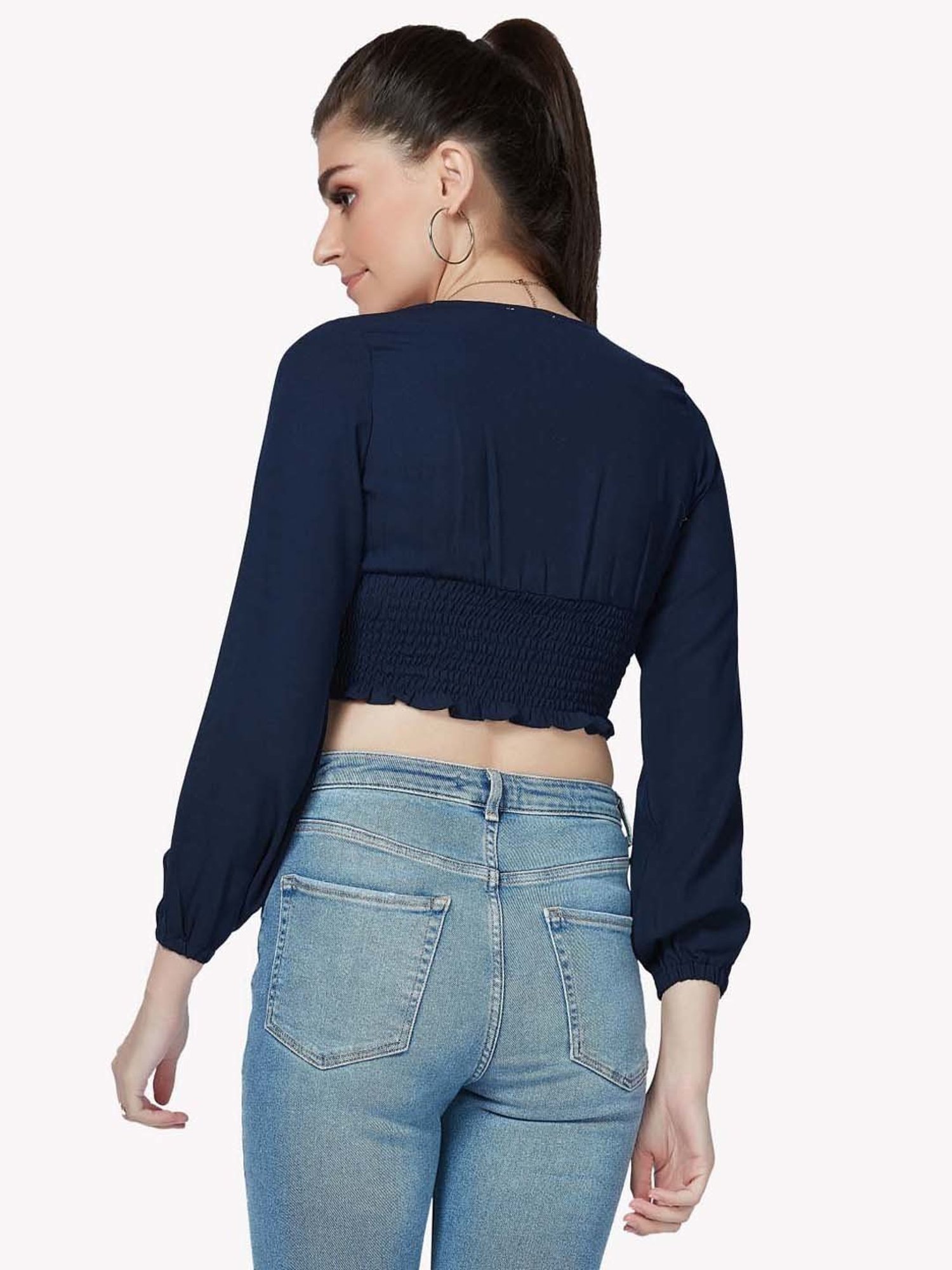 VASTRADO Navy V Neck Crop Top