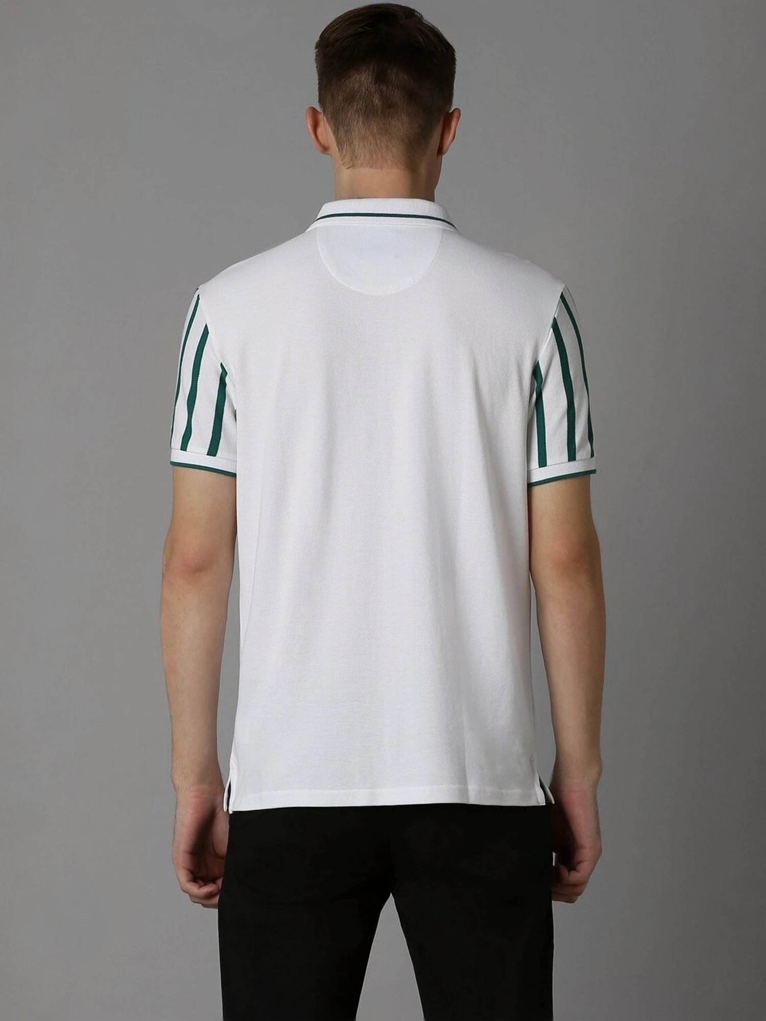 Louis Philippe White Cotton Slim Fit Striped Polo T-Shirt