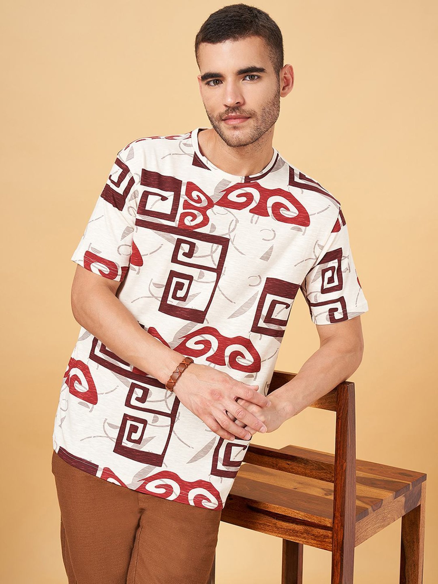 7 Alt by Pantaloons Ivory Cotton Relaxed Fit Printed T-Shirt