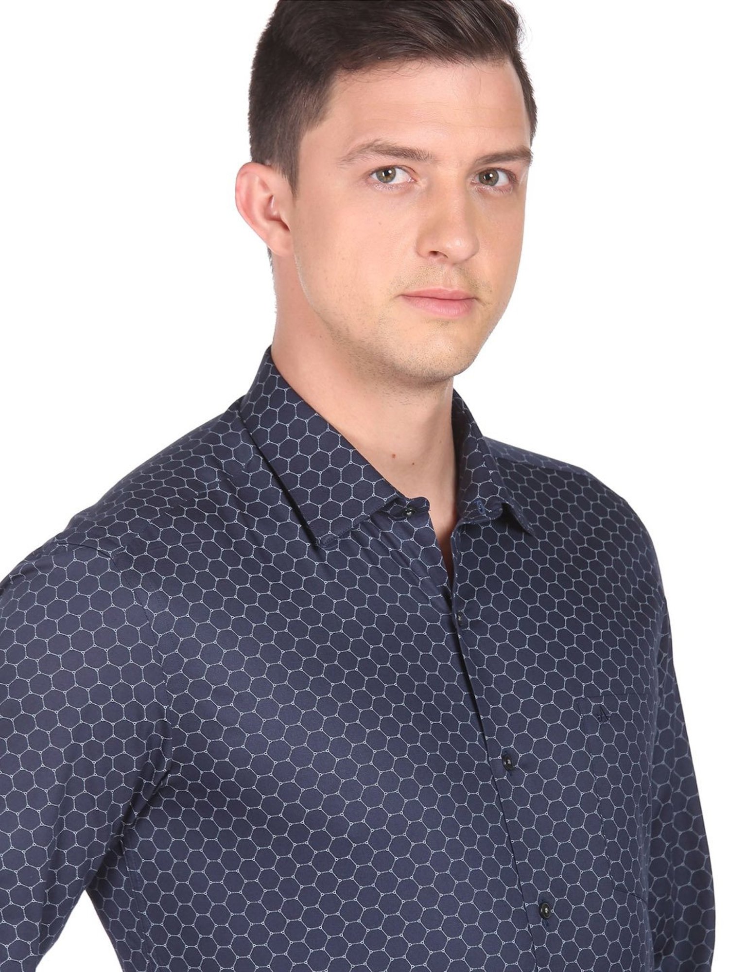 Arrow Navy Blue Cotton Slim Fit Printed Shirt