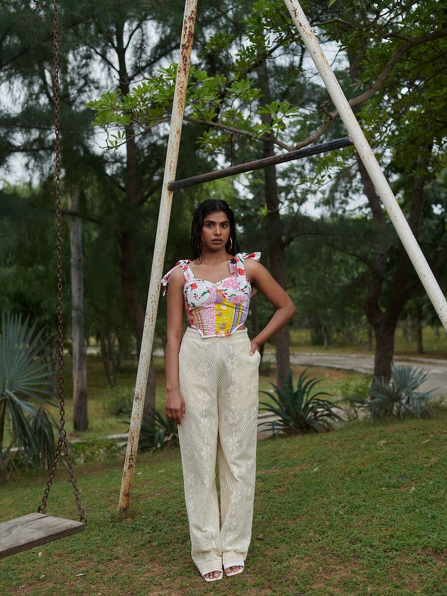 Khajoor Studio Beige Sundaze Farmland Crochet Wide Trousers