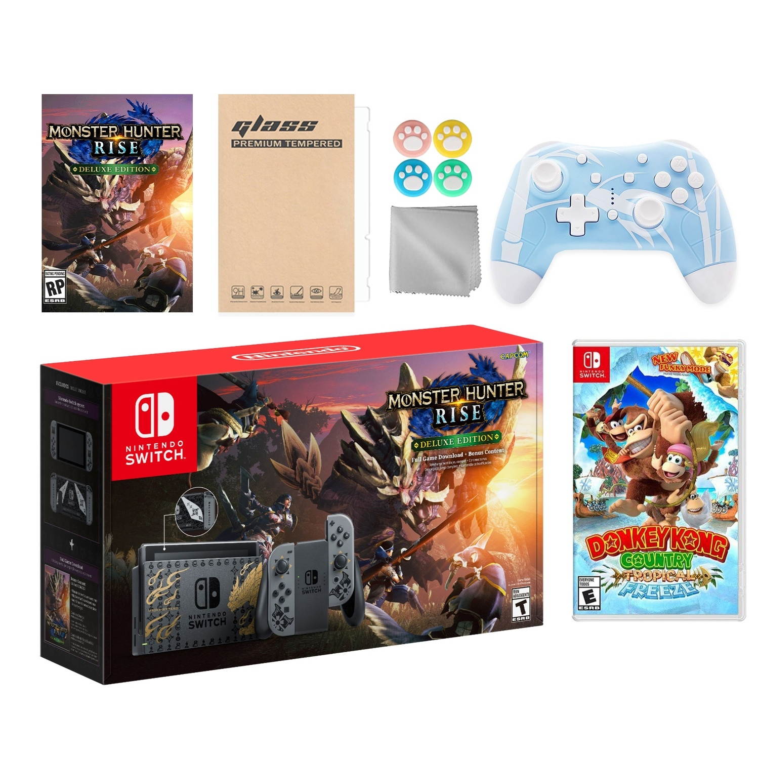 Nintendo Switch Monster Hunter Limited Console Set Plus Monster Hunter Rise Deluxe Edition, Bundle With Donkey Kong Country And Mytrix Wireless Pro Controller and Accessories