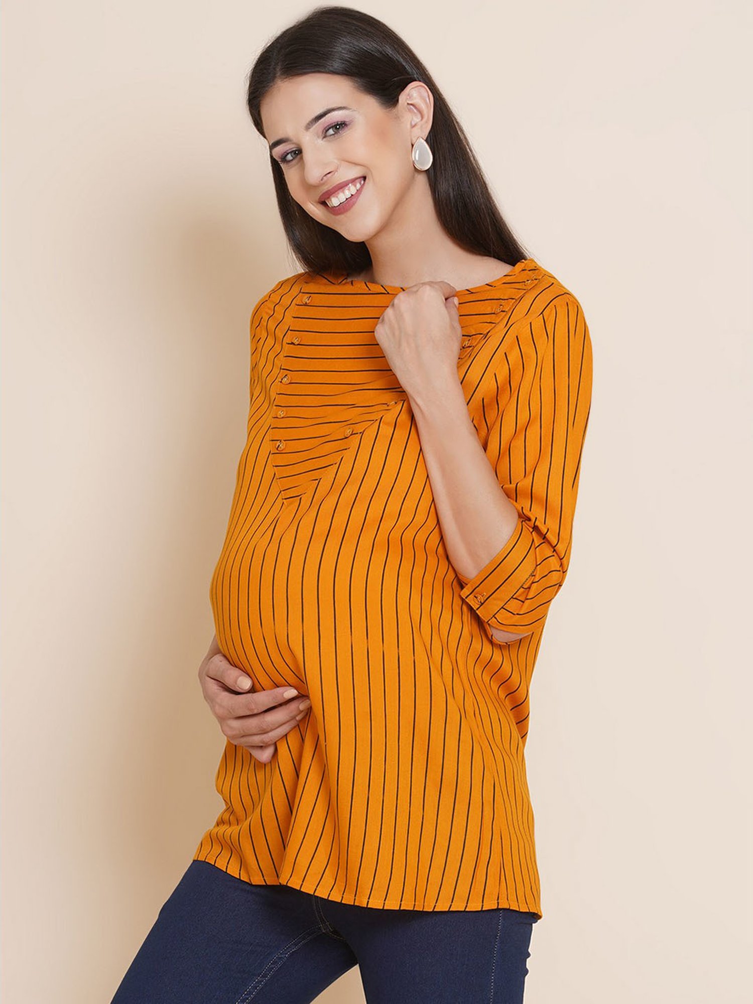 Mine4Nine Mustard Striped Maternity Top