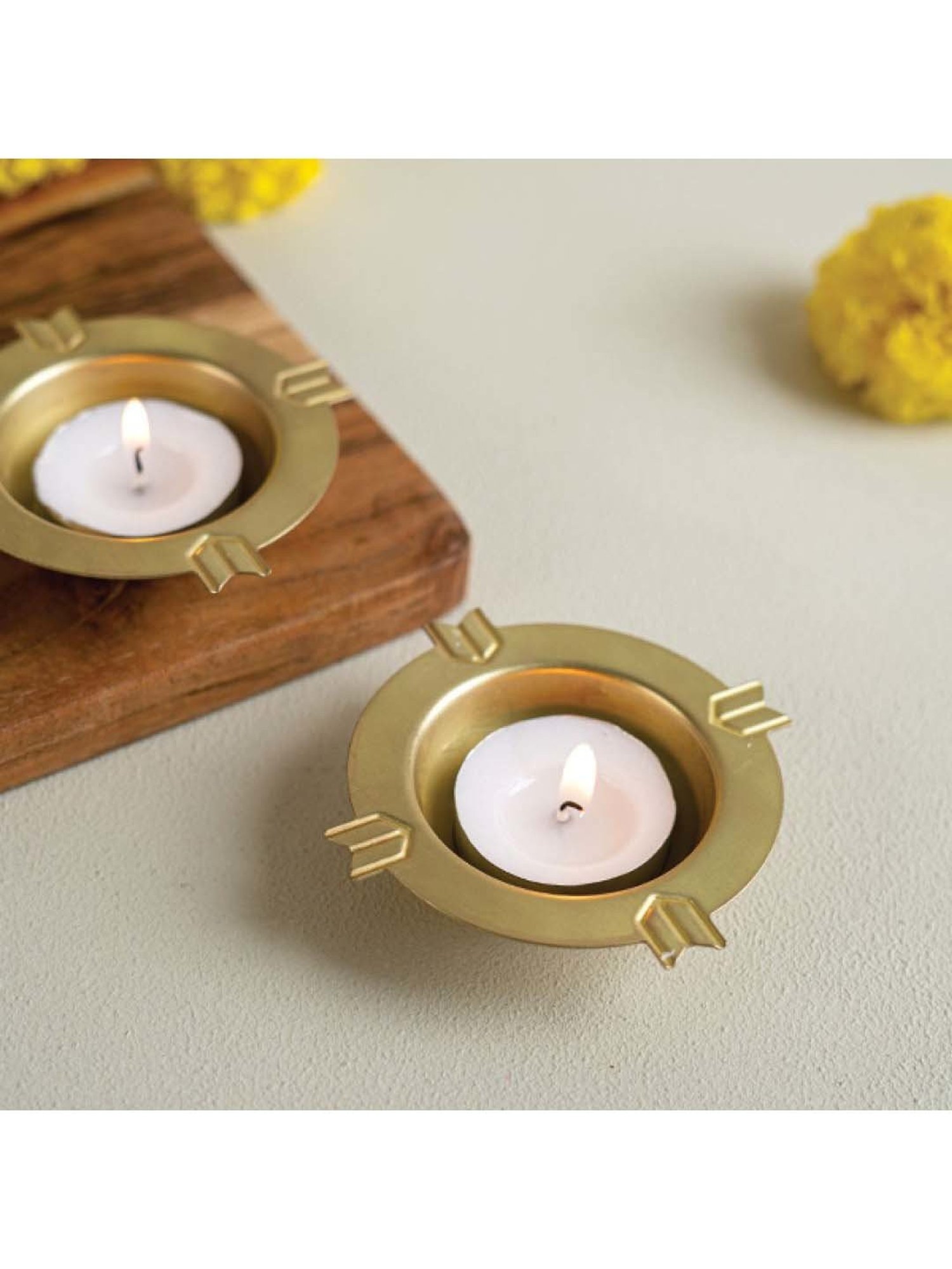 COPPRE Kolam Golden Brass Diwali Tealight - Set of 2
