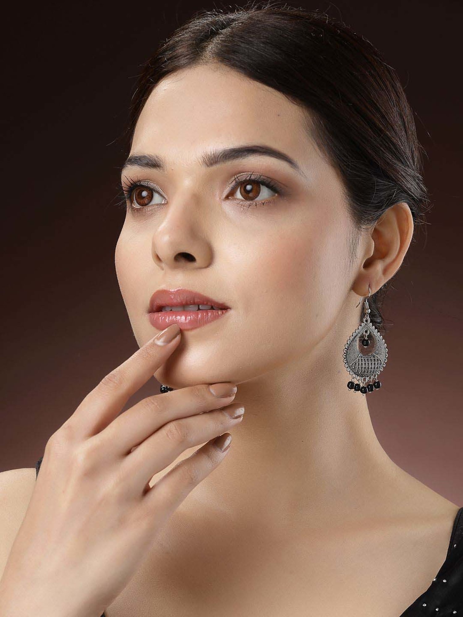 NVR Silver-Plated Artificial Beads German Silver Oxidized Chand Bali Earrings for Women