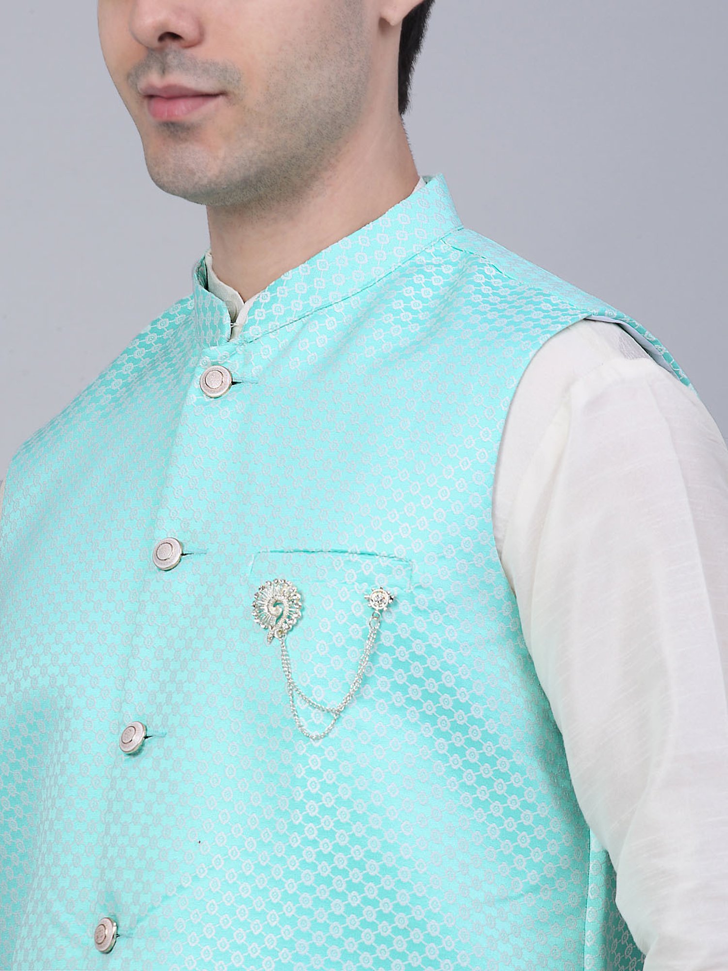 Jompers Sky Blue Regular Fit Mandarin Collar Nehru Jacket