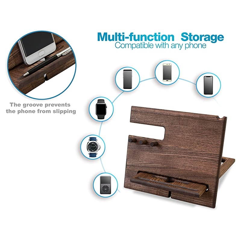 Wood Phone Docking Station Ash Hooks Key Holder Wallet Stand Watch Organizer Men Gift Husband Wife Anniversary Dad Birthday Nightstand Purse Tablet Father Graduation Male