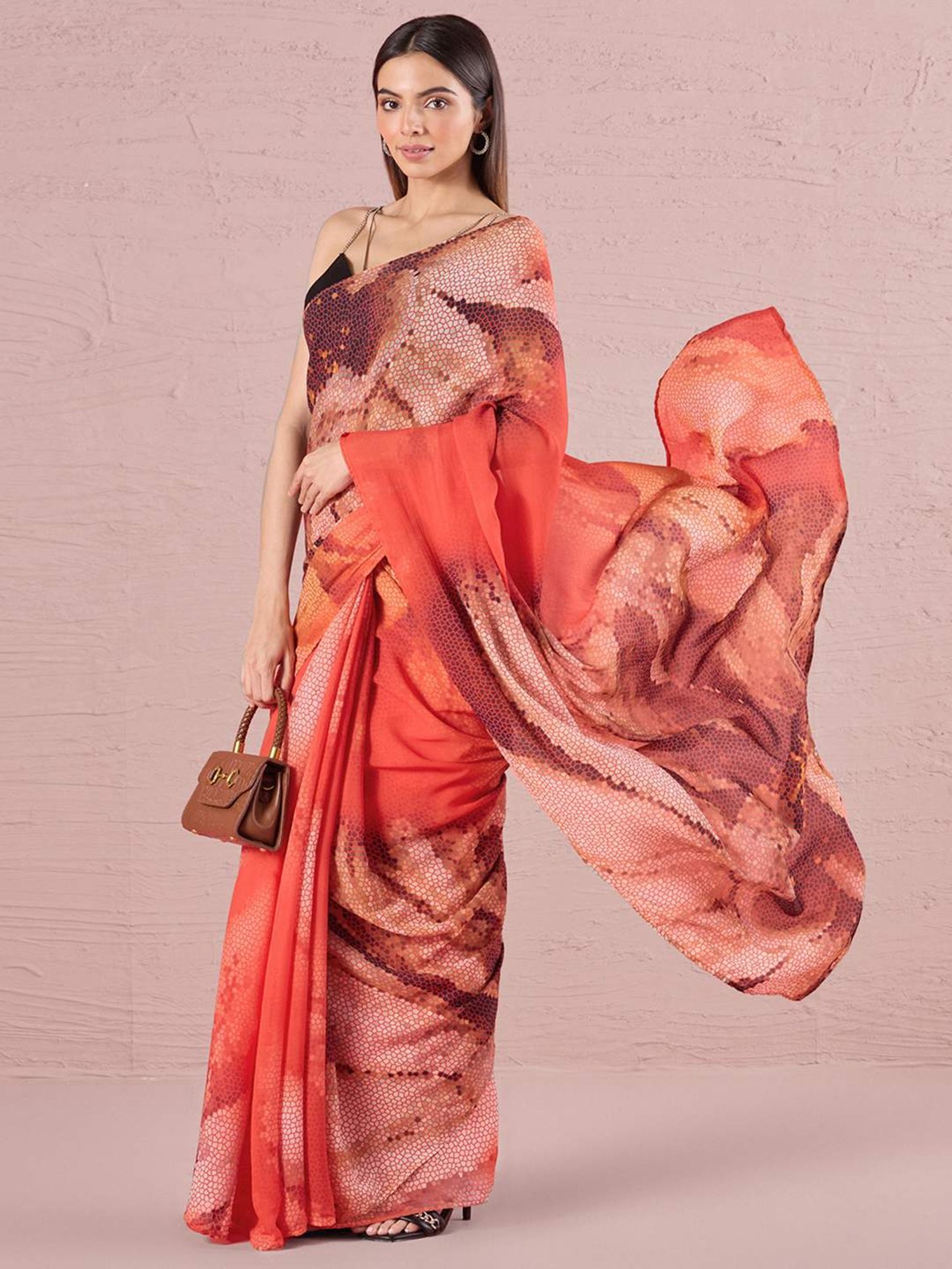navyasa by liva Orange Printed Saree With Unstitched Blouse