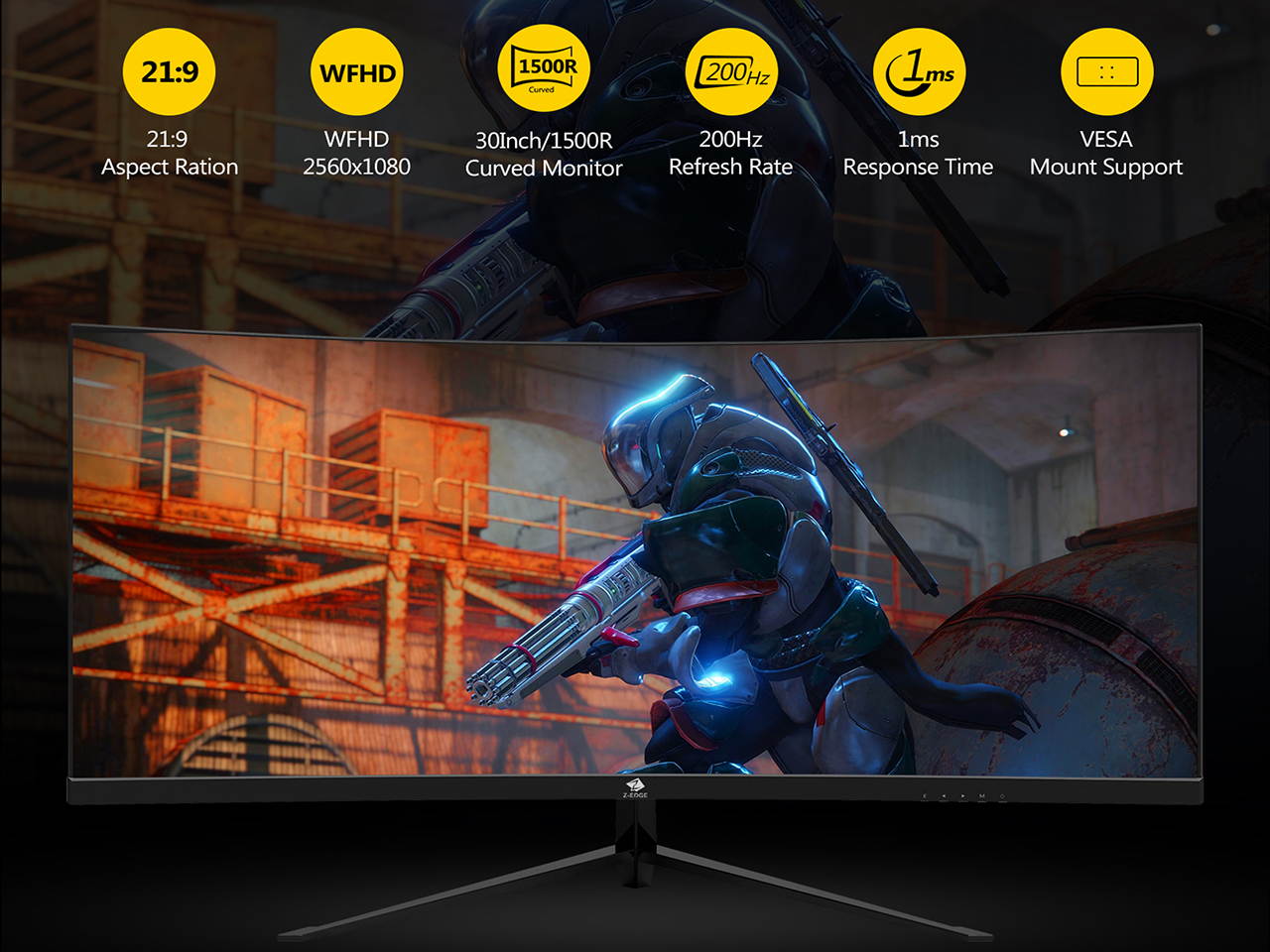 Z-EDGE UG30 30" 21:9 Ultrawide WFHD 2560x1080 200Hz 1ms1500R Curved Gaming Monitor, FreeSync, HDR10, HDMI x2, DisplayPort, USB, Built-in Speakers