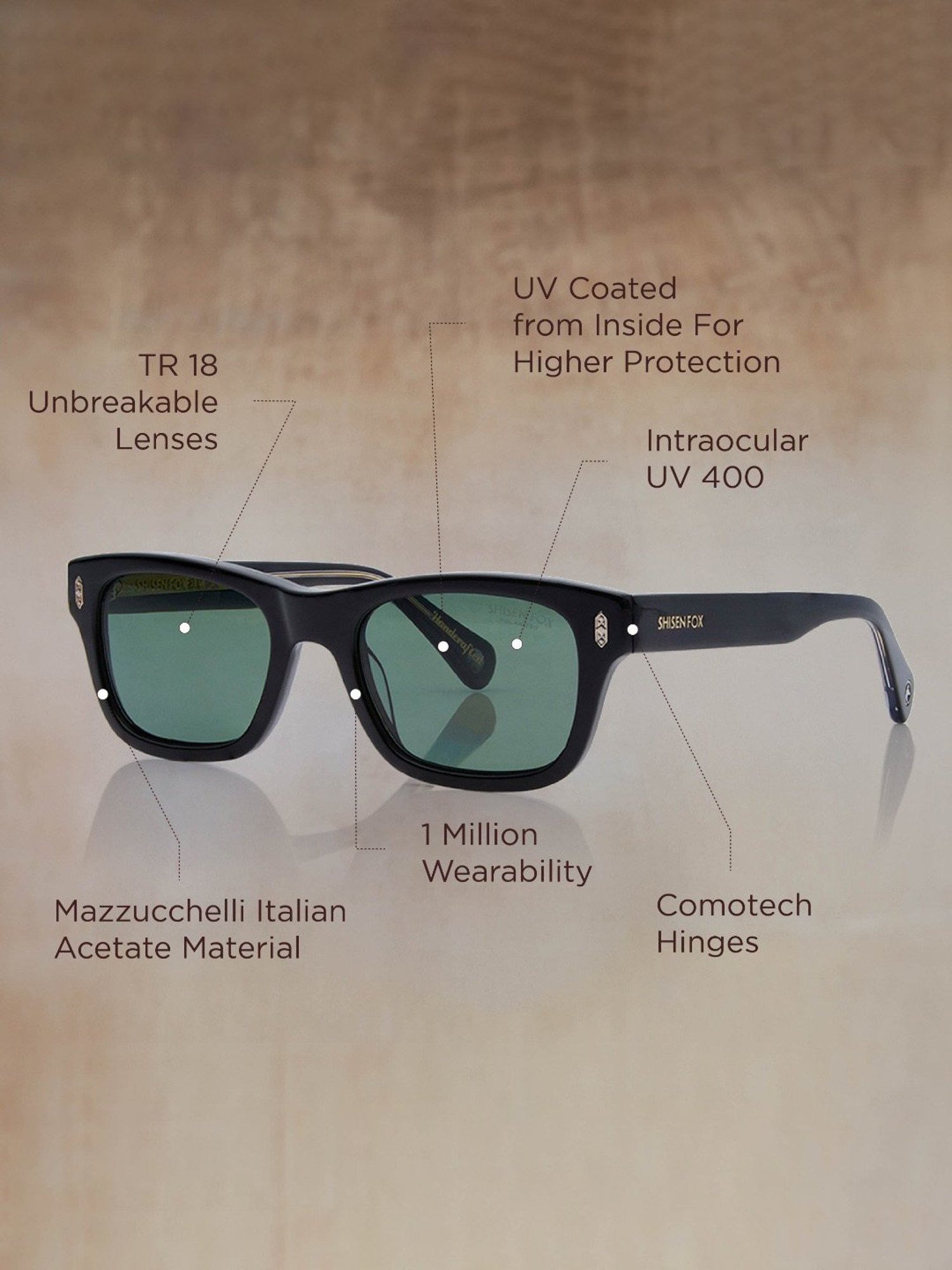 Shisen Fox Gazo Black/Crystal Rectangular Unisex Polarized UV Protection Sunglasses -52 mm