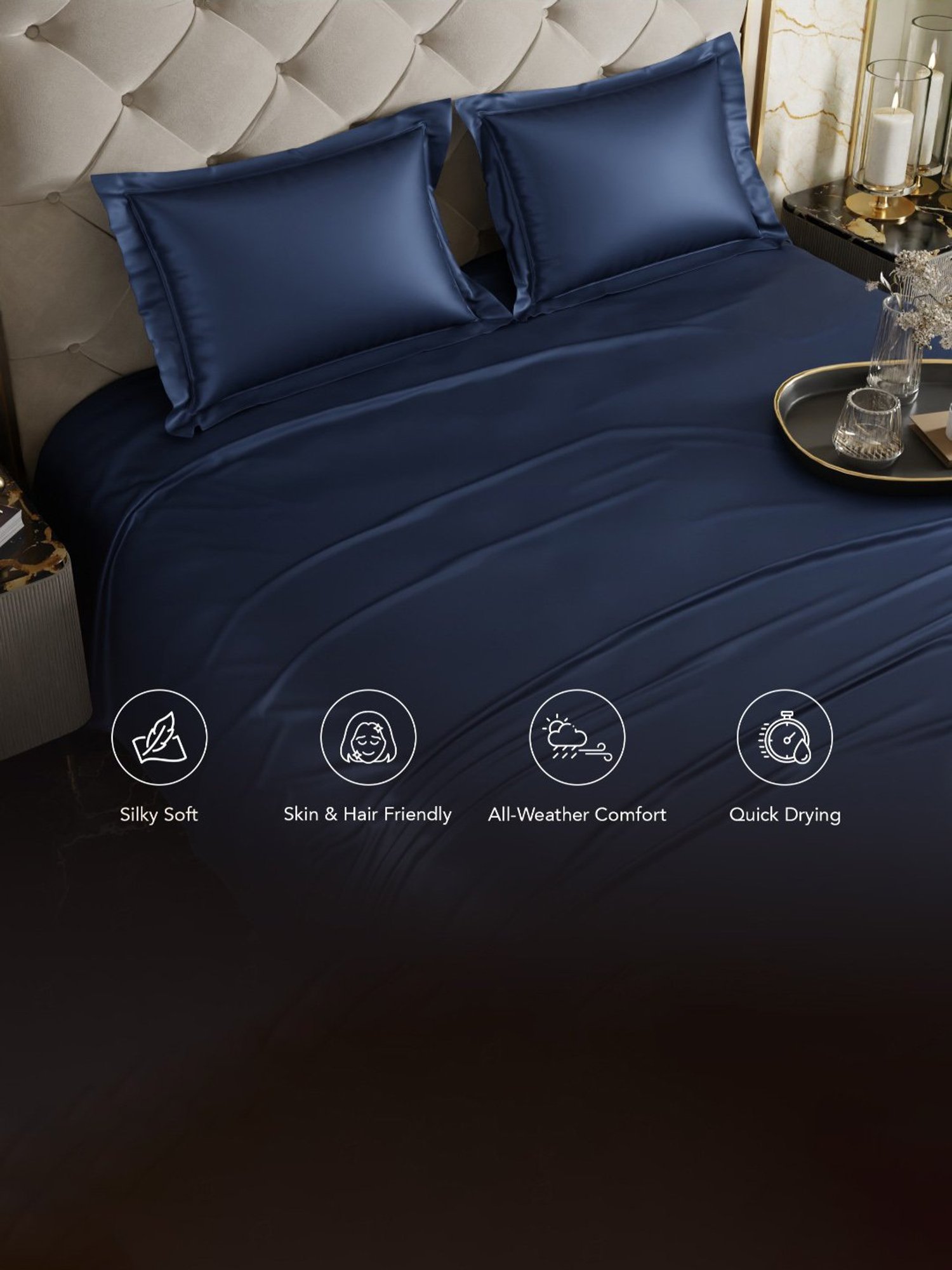 Stoa Paris Date Night Navy Polyester 300 TC Double Bedsheet with 2 Pillow Covers