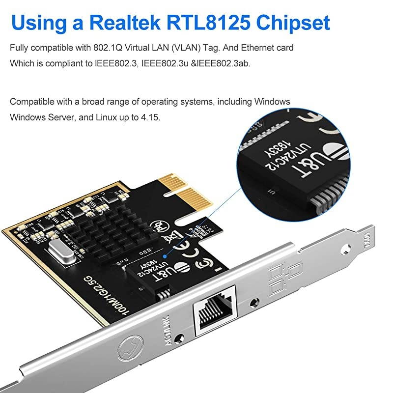 PCIe Network Adapter with 1 Port, 2500/1000/100Mbps PCI Express Gigabit Ethernet Card RJ45 LAN Controller Support Windows Server/Windows/Linux, Standard and Low-Profile Brackets Included