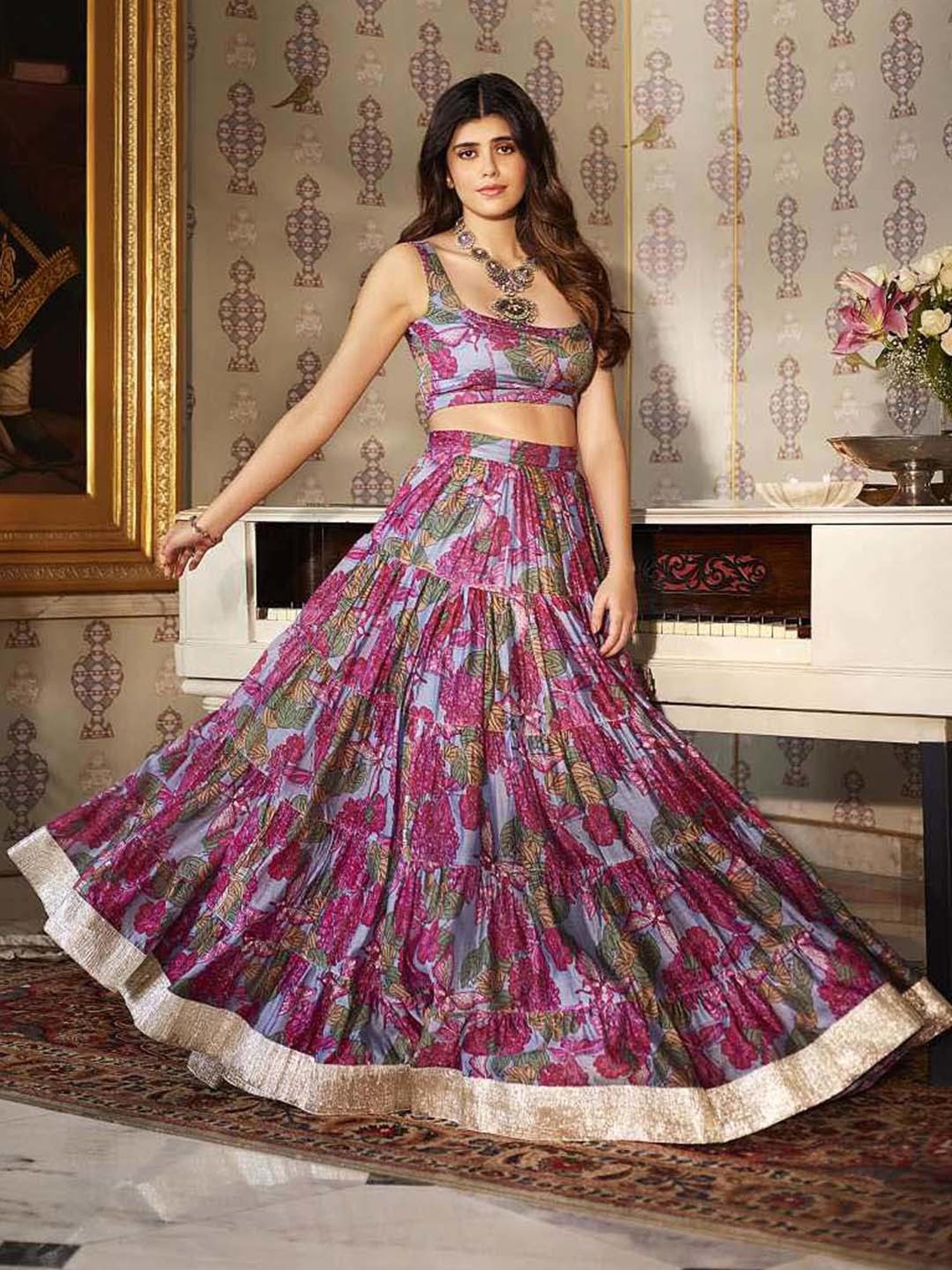 AACHHO Grey Floral Print Lehenga Choli Set With Dupatta