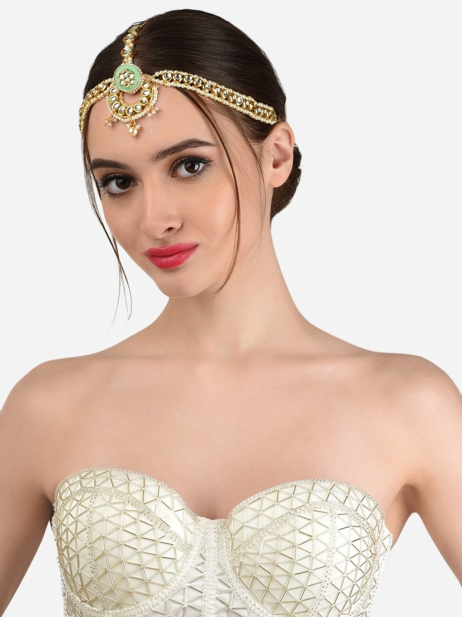 Zaveri Pearls Green Meenakari Kundan Bridal Borla MathaPatti Style Maangtikka-ZPFK13114