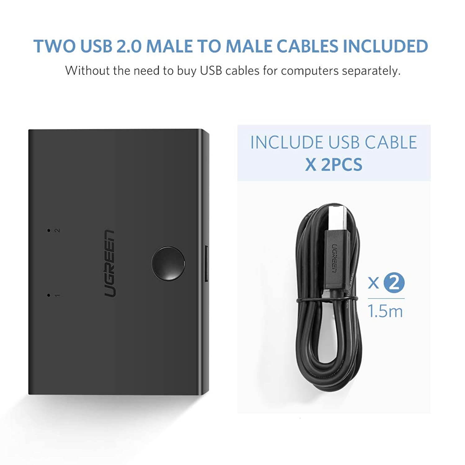 UGREEN USB Sharing Switch USB 2.0 Peripheral Switcher Adapter Box 2 Computer Share 1 USB Device Hub for Printer Scanner with 2 Pack USB 2.0 Male Cable