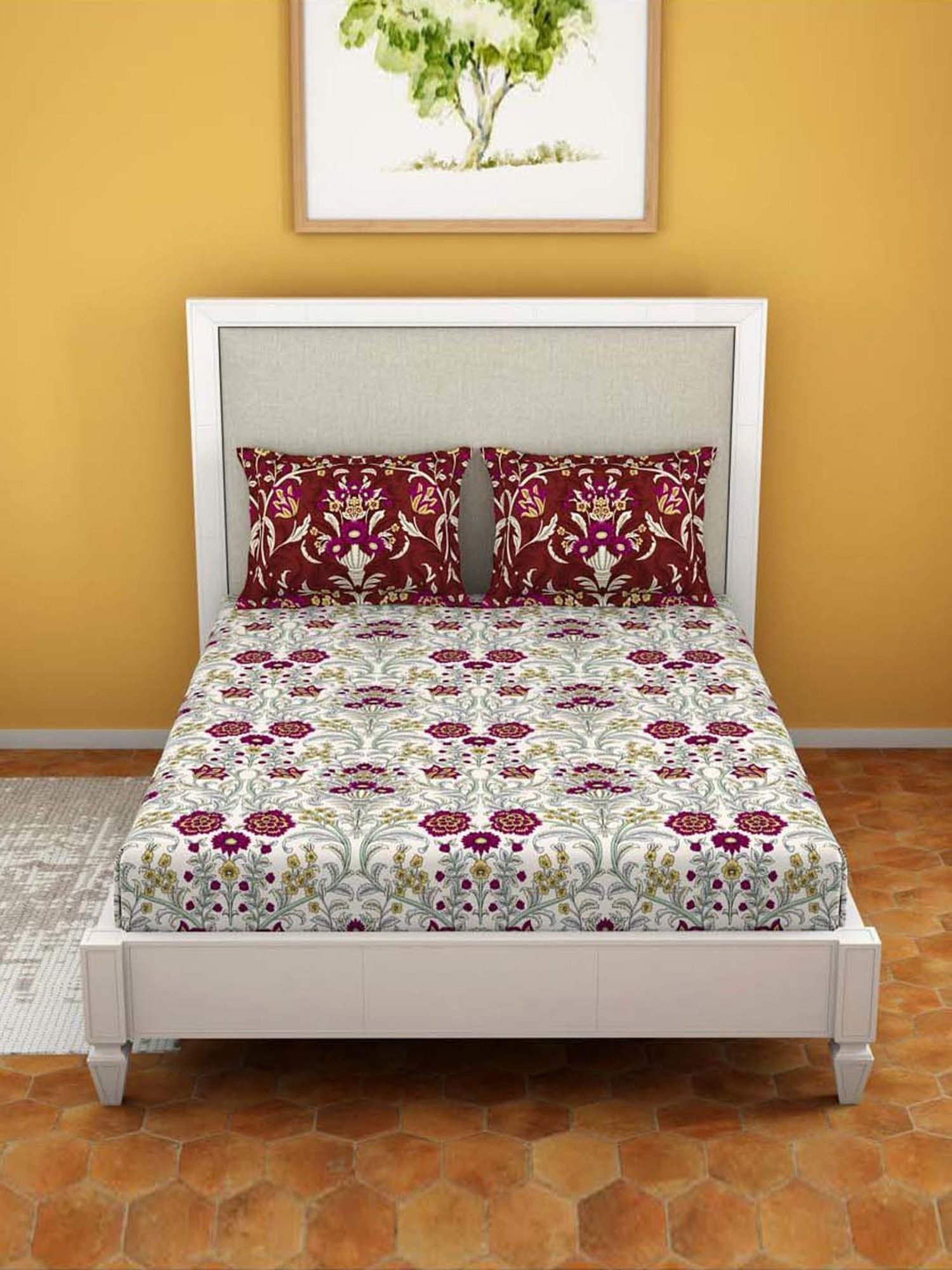 Welspun Moments Printed Blue Cotton Queen Fitted Bed Sheet with 2 Pillow Covers