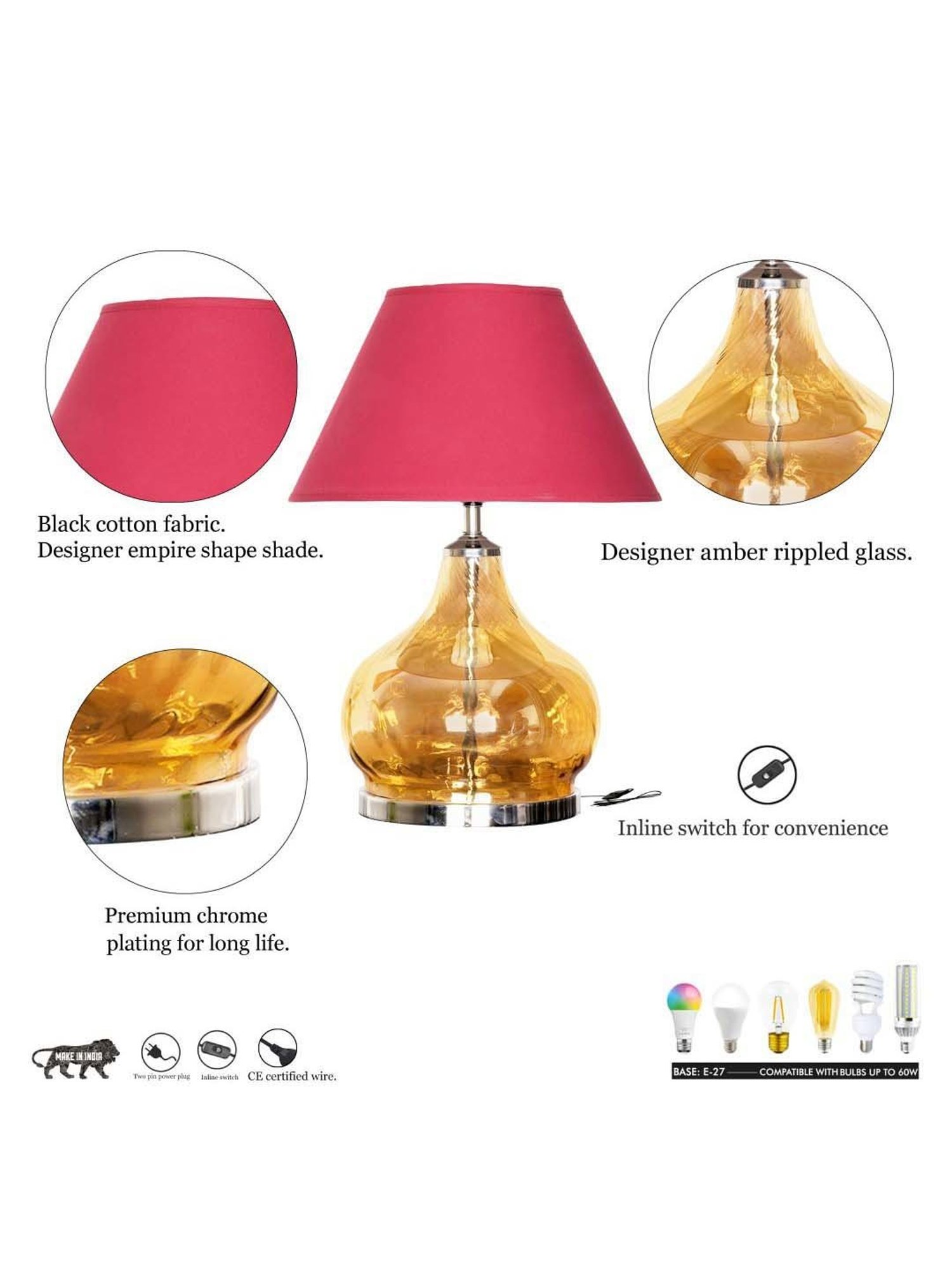 Kapoor Lamp Shades Amber & Nickel Glass Ingram Table Lamp With Cotton Shade