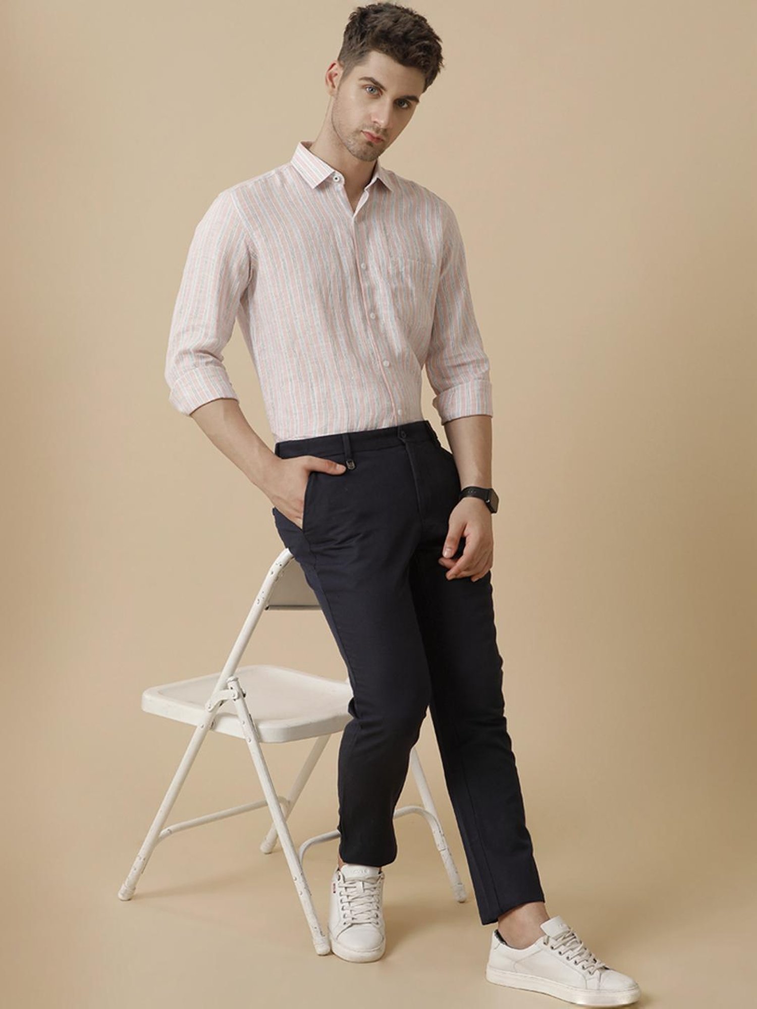 Linen Club Pink Linen Contemporary Fit Striped Shirt