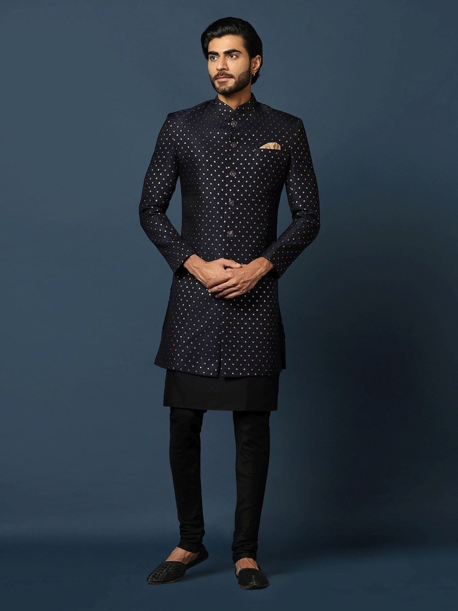 KISAH Navy Cotton Regular Fit Self Pattern Sherwani Set