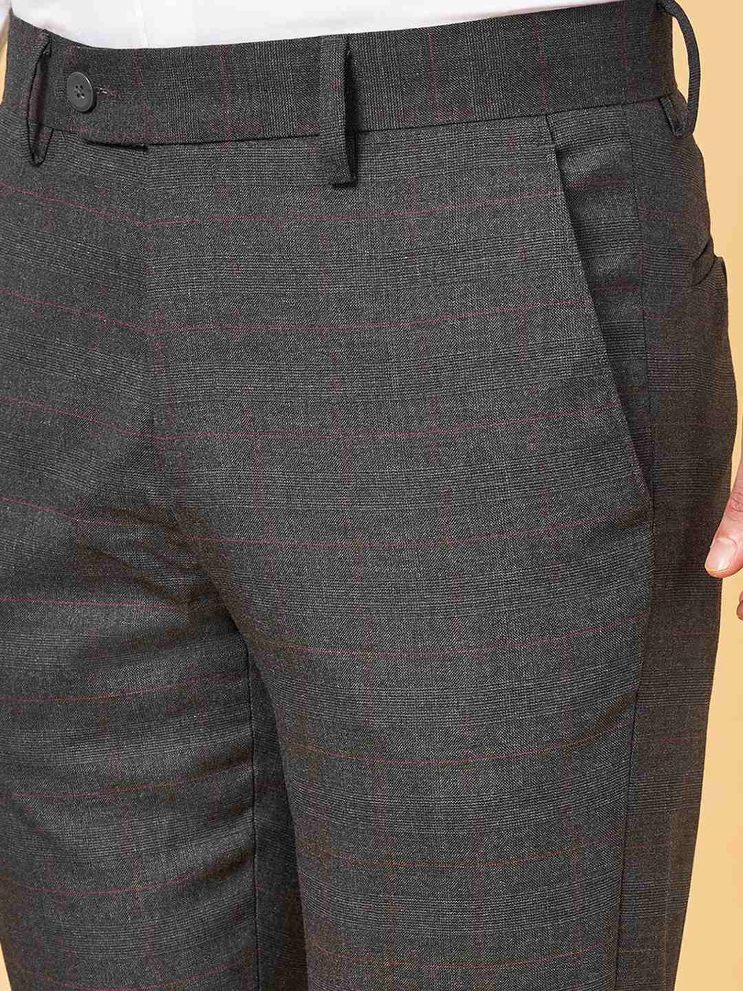 Byford By Pantaloons Charcoal Gray Slim Fit Checks Trousers