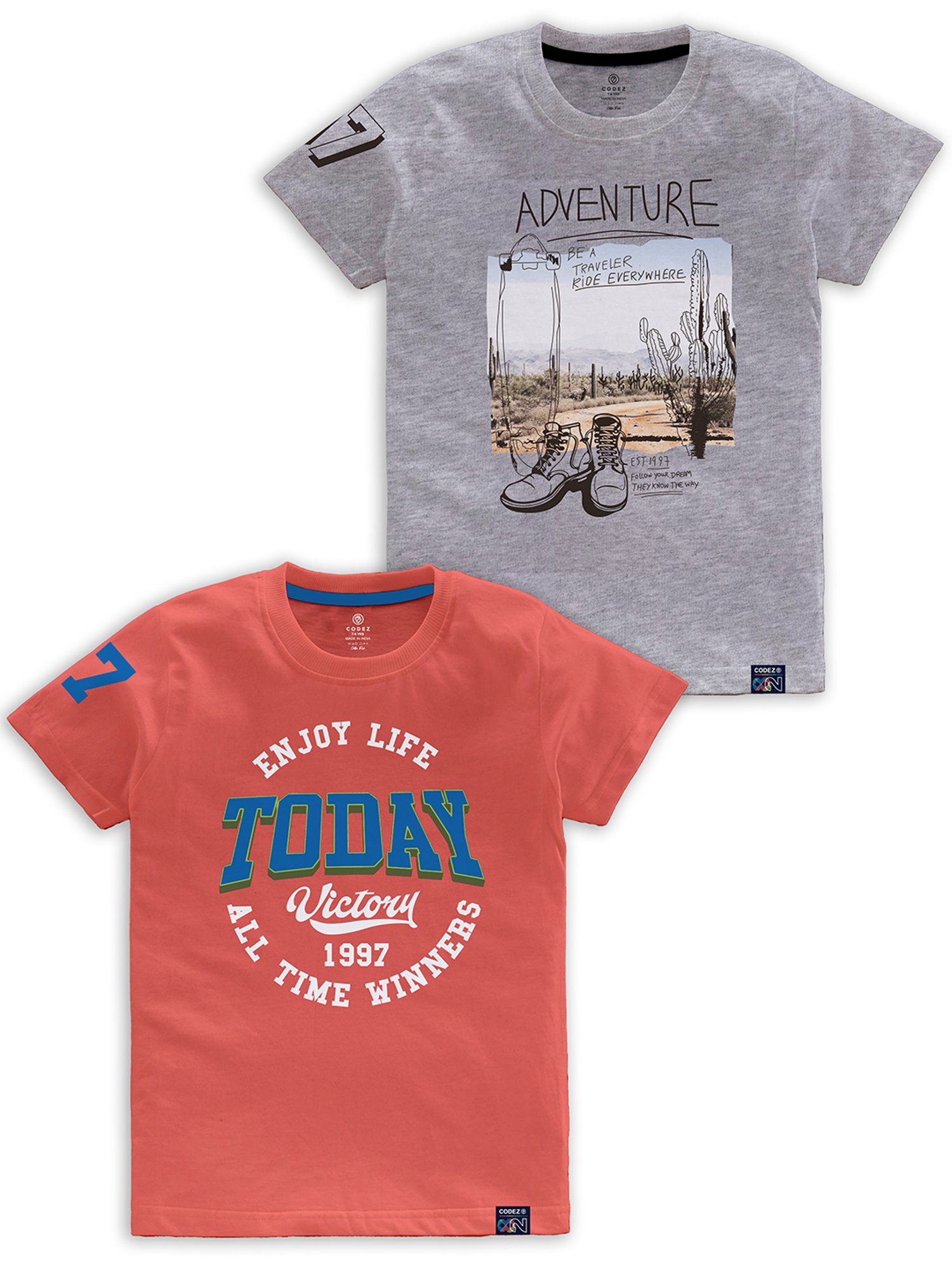 Codez Kids Coral & Grey Melange Printed T-Shirt (Pack Of 2)