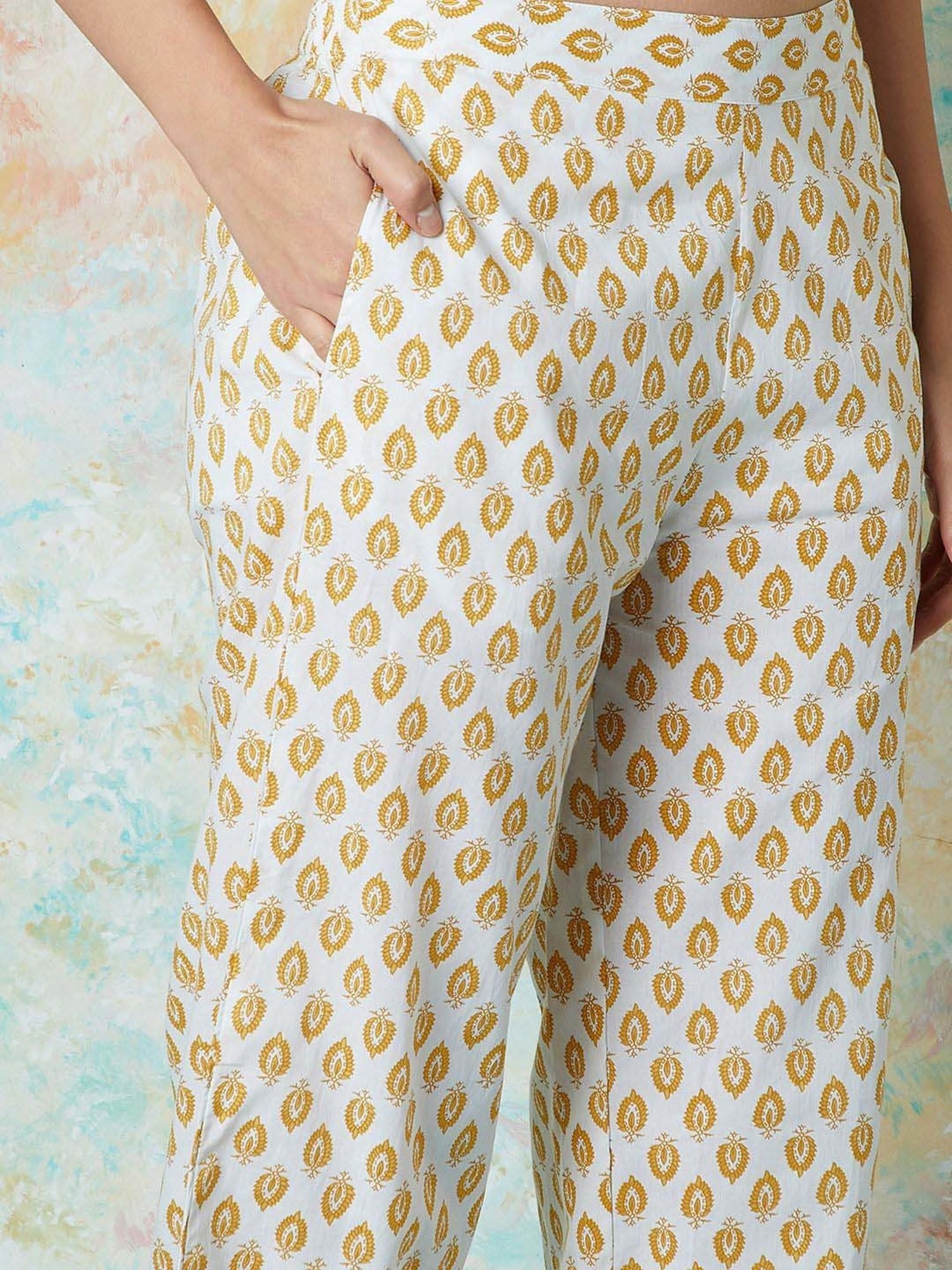 Melange by Lifestyle Mustard & White Cotton Printed Kurta & Pant Set