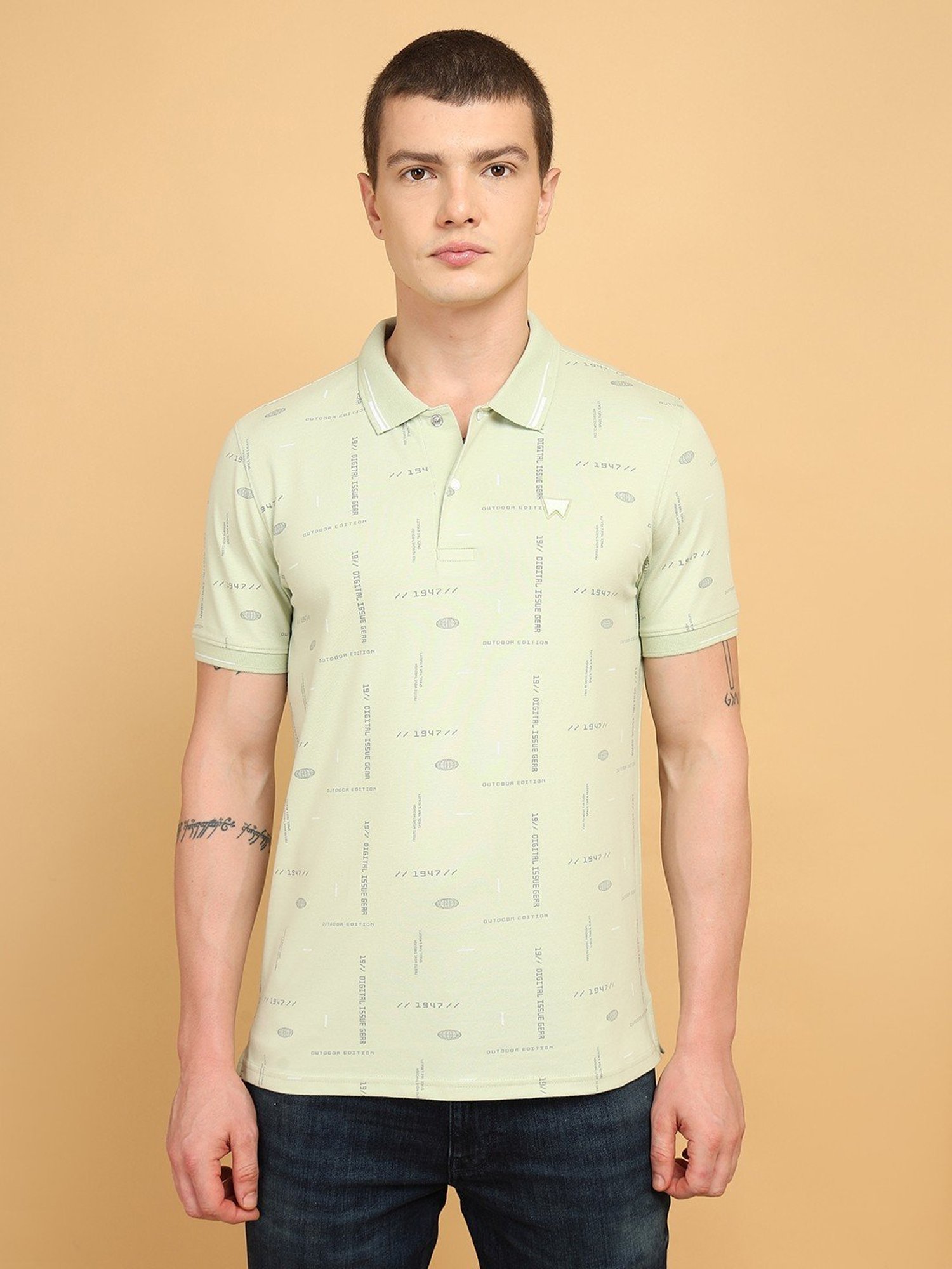 Wrangler Light Green Regular Fit Printed Polo T-Shirt