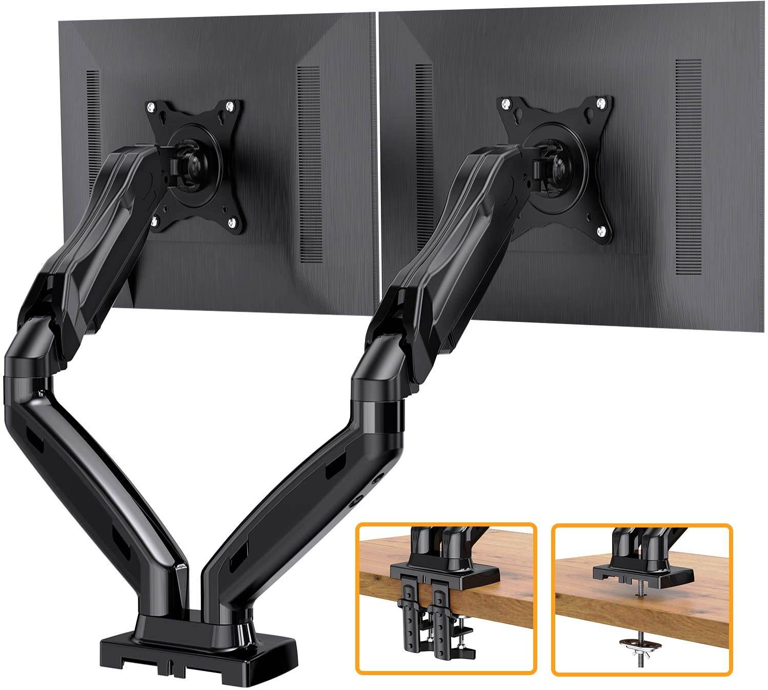 Dual Arm Monitor Desk Mount Stand, Adjustable Gas Spring, Swivel VESA Mount with C Clamp Grommet Mounting For Most 17-27 Inch Flat Curved Computer Screens up to 14.3lbs