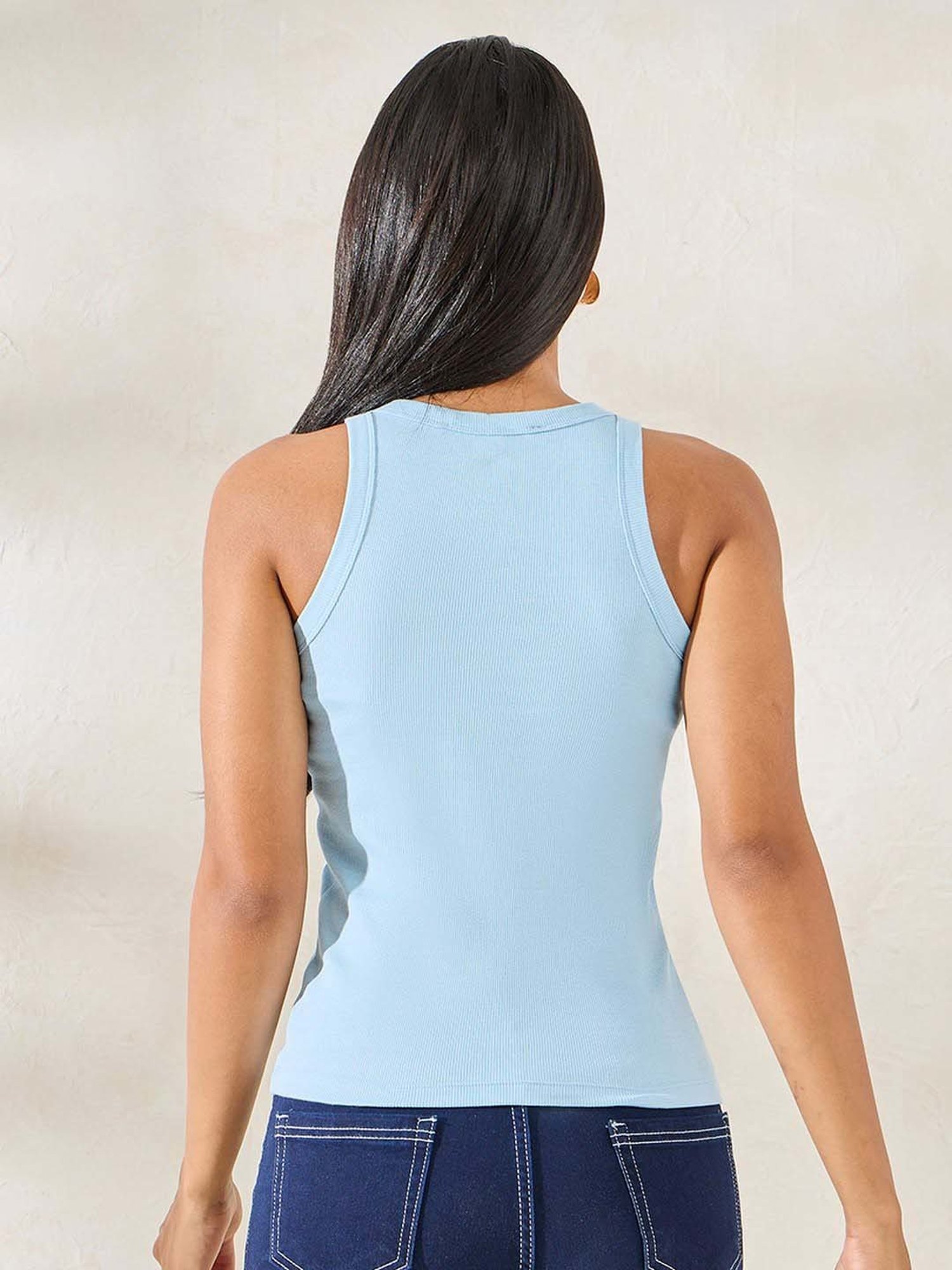 Styli Blue Cotton Embroidered Tank Top