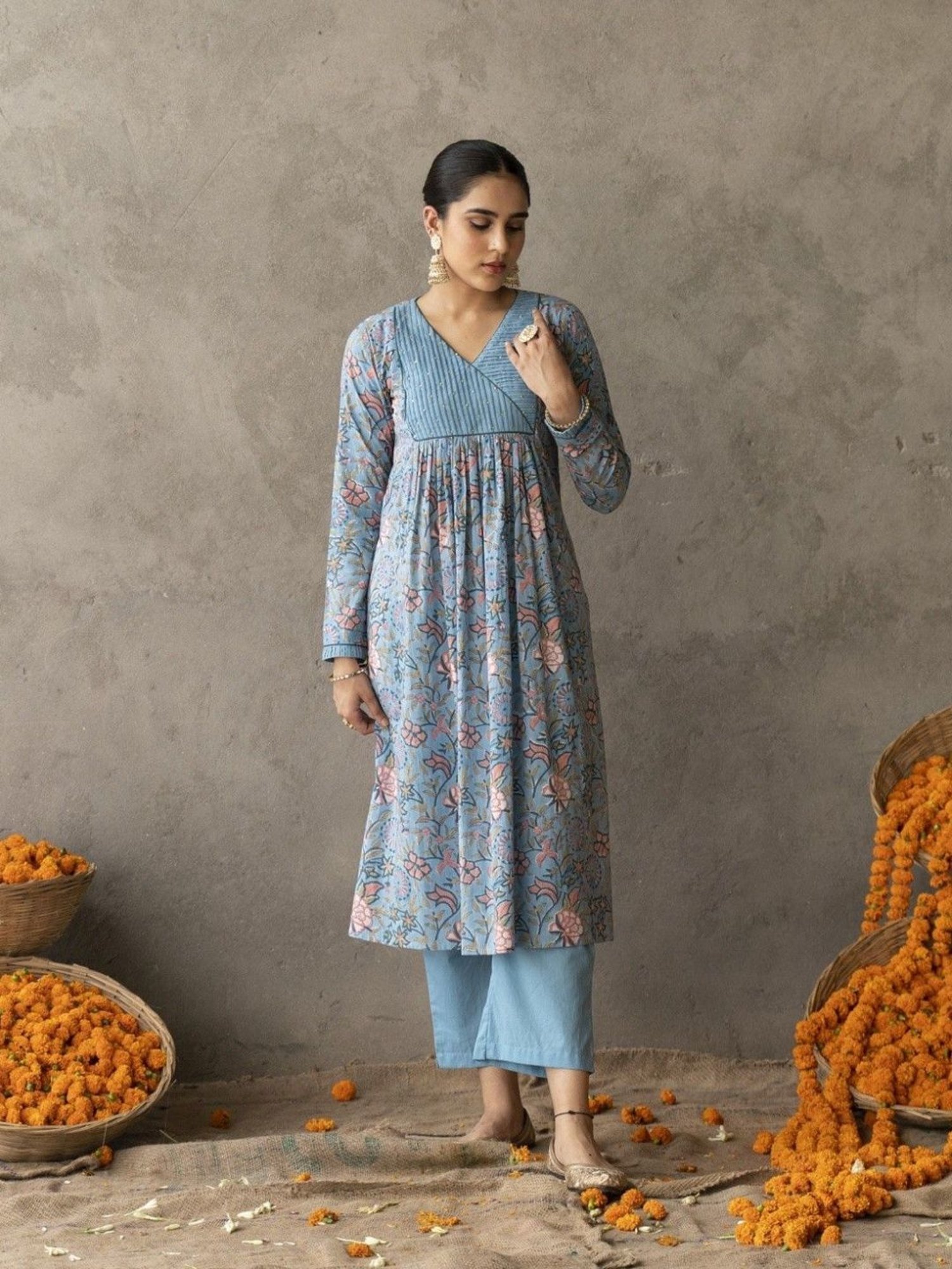 Akiso Reet Blue With Yoke And Sleeve Detailed A Line Kurta Paired With Blue Solid Straight Pants Set