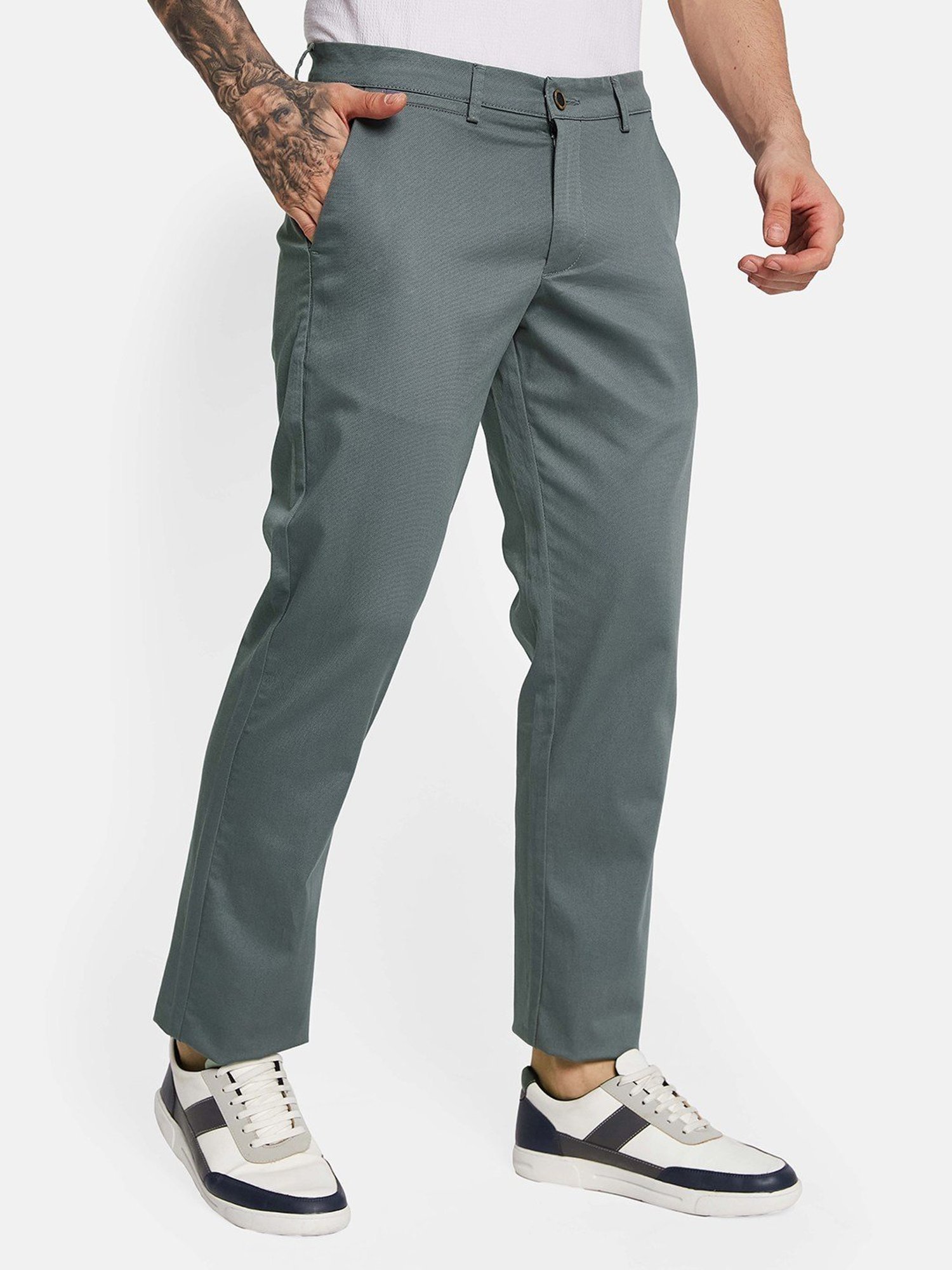 Octave Steel Blue Cotton Regular Fit Trousers
