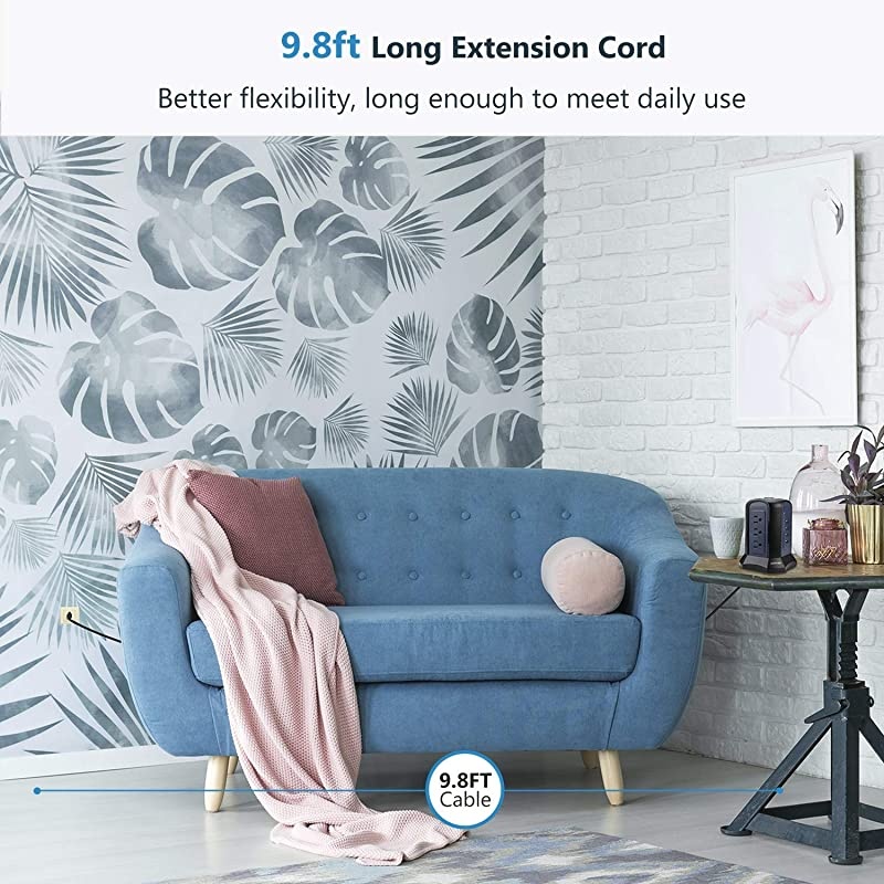 98Ft White Surge Protector Power Strip Tower 18AWG 10A Long Extension Cord with 9 AC Outlets 4 USB Ports Charging Station for Multiple Devices Fireproof Outlet for Home School Office