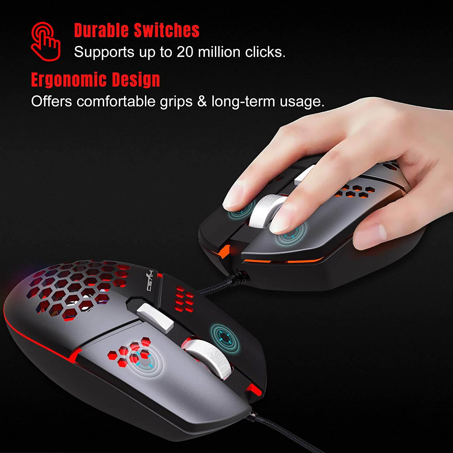 Gaming Mouse USB Wired, Programmable Fan Cooling Gaming Mice, Ultra-Lightweight Unique Design, Hexagonal Honeycomb Shell Design, Cool RGB Lighting, 6 Buttons, up to 8000 DPI (Black)