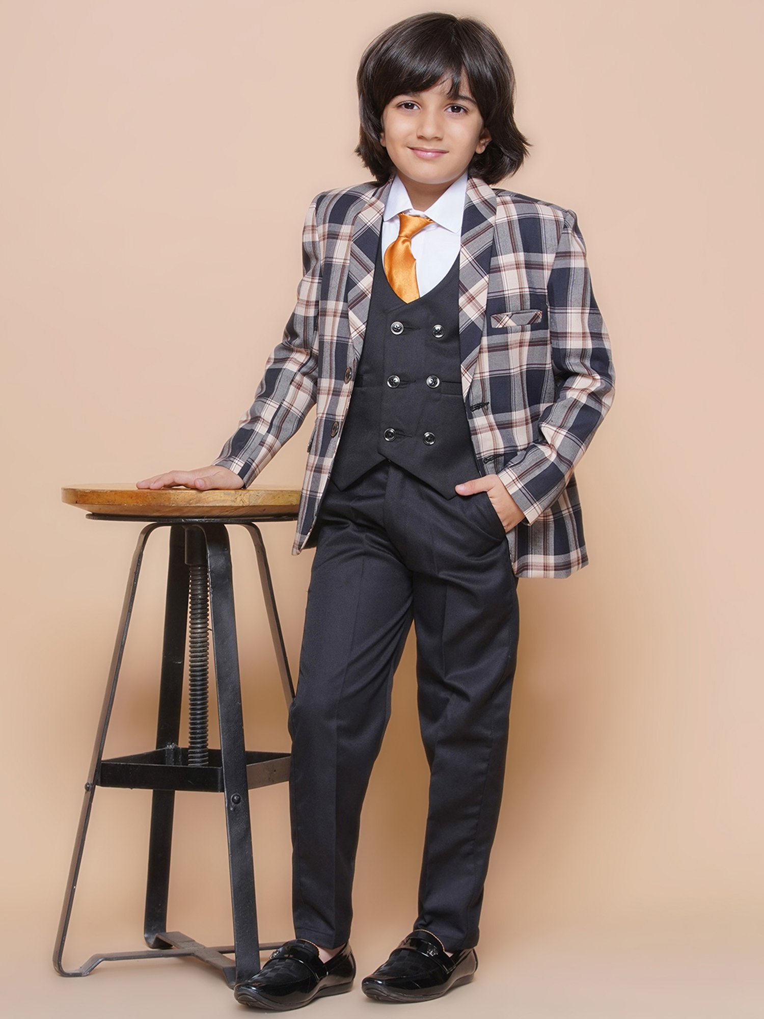 AJ Dezines Kids Beige & Black Checks Full Sleeves Shirt, Pants, Coat, Waistcoat with Tie