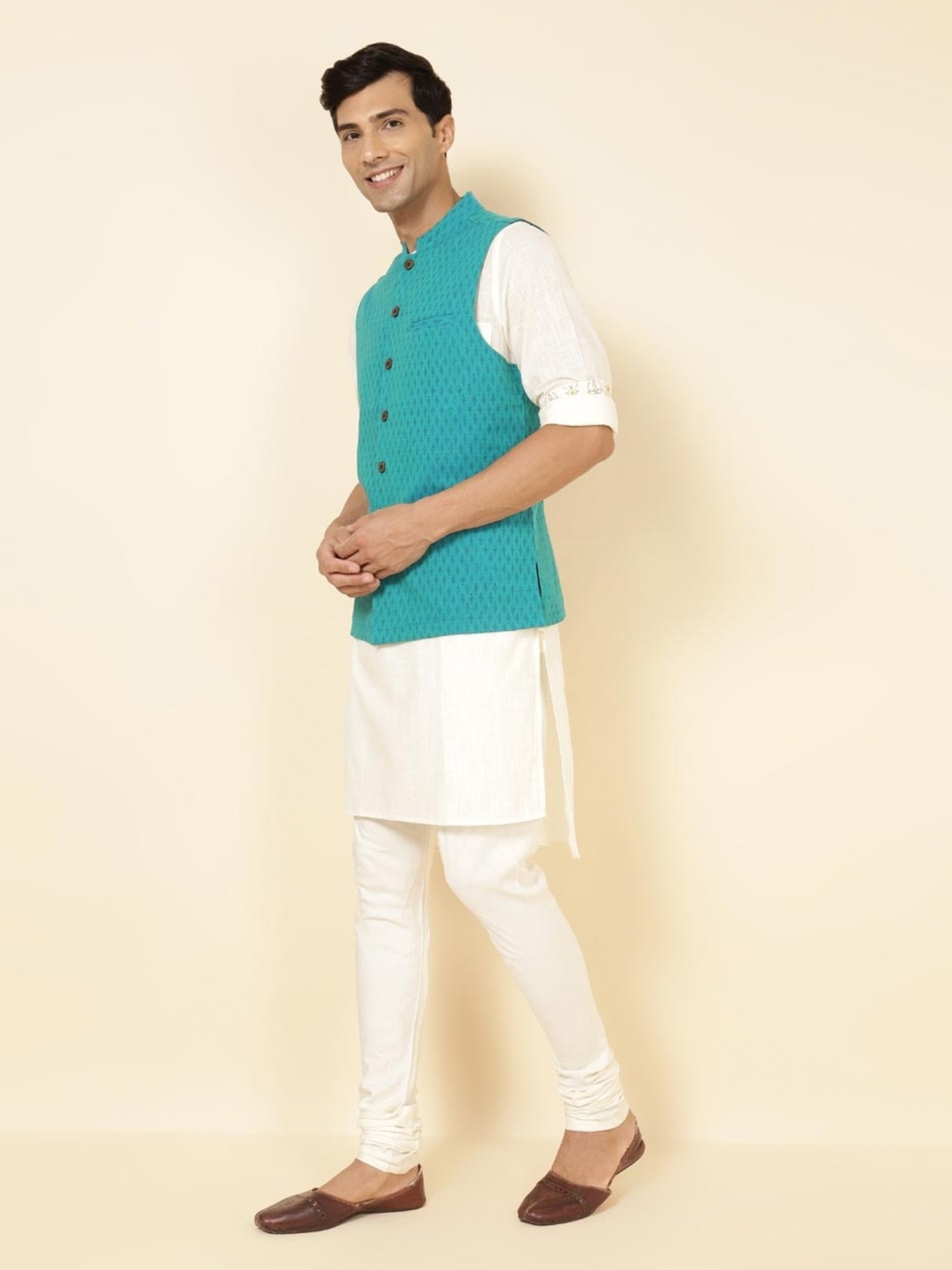 Fabindia Teal Cotton Regular Fit Printed Nehru Jacket