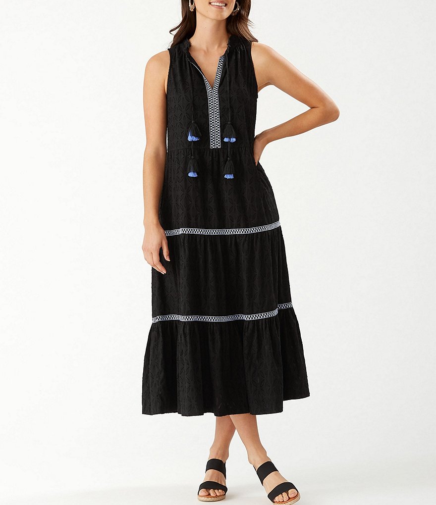 Tommy Bahama Cotton Clip Jacquard Embroidered Split Neck Swim Cover Up Dress