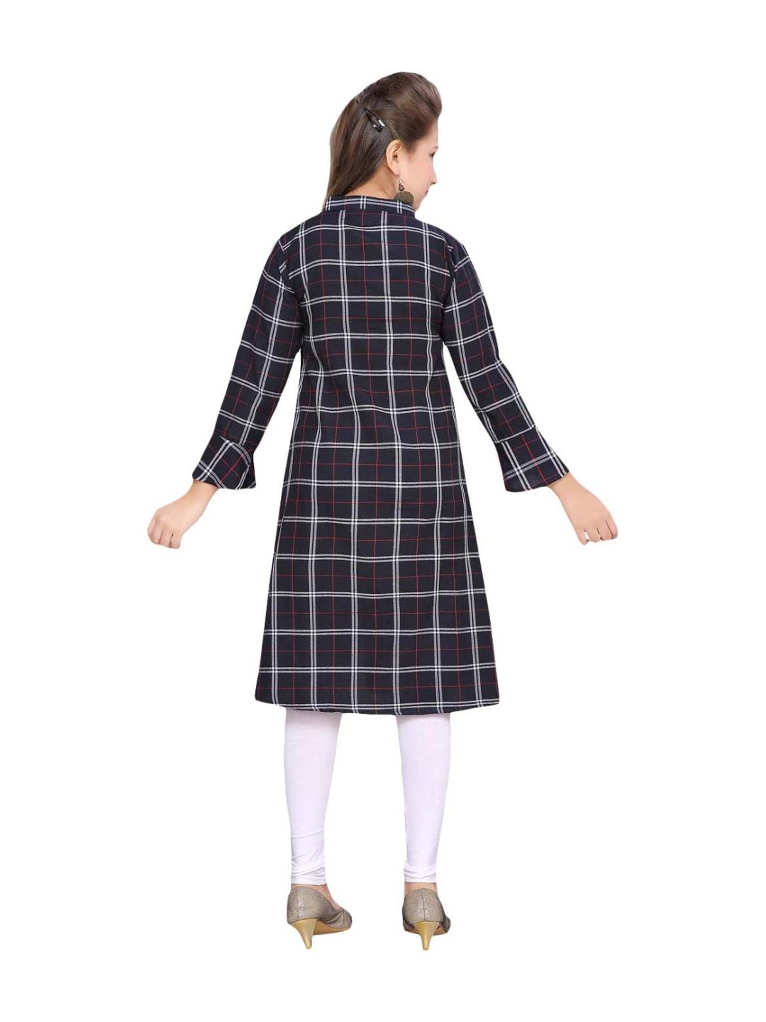 Aarika Kids Black Cotton Plaid Pattern Kurti