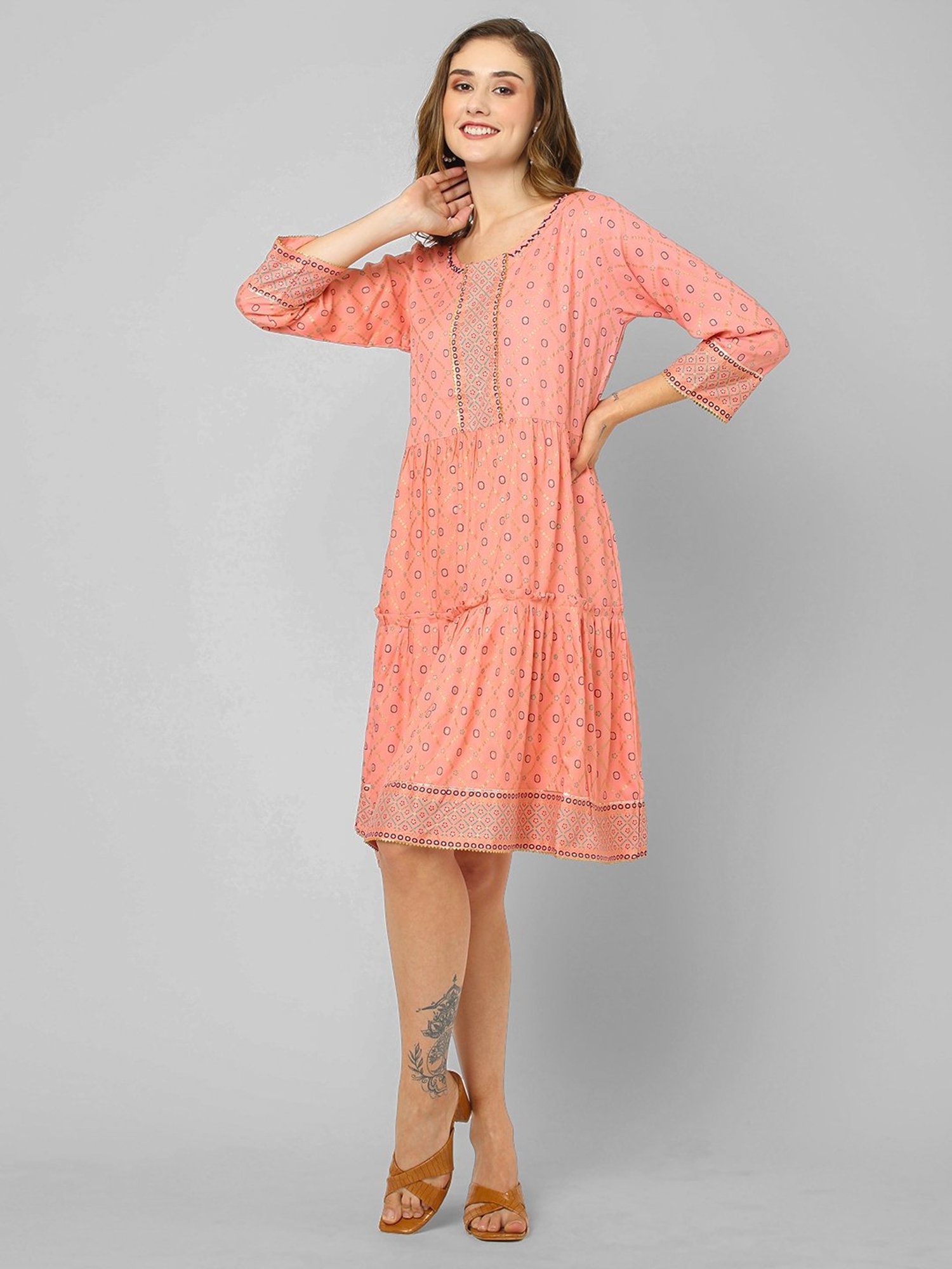 KIANA Pink Printed A-Line Dress