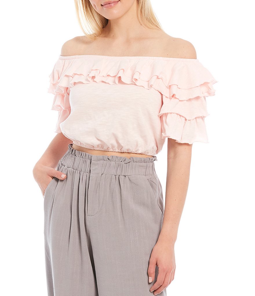 BB Dakota by Steve Madden Up to Here Puff Elbow Sleeve Mock Neck Smocked Top