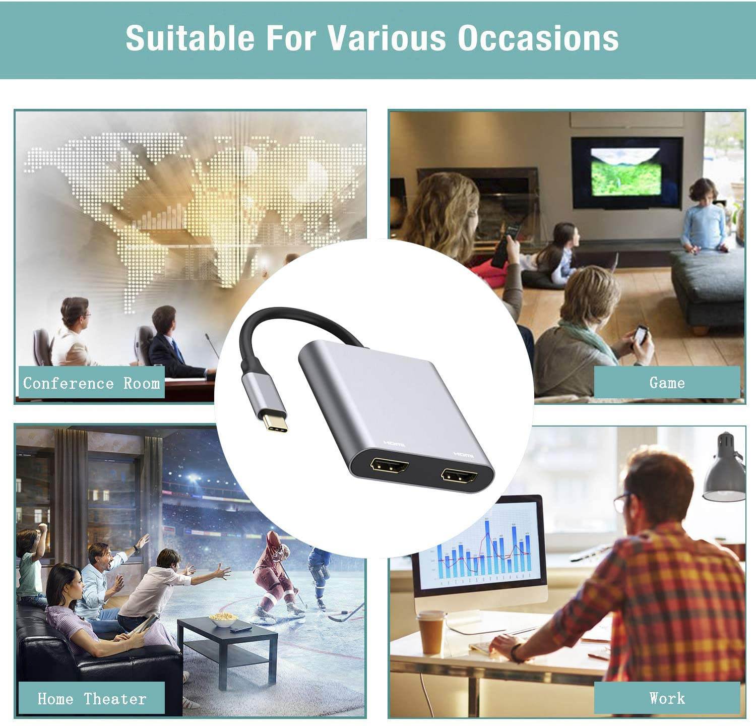 USB C to Dual HDMI Adapter 4K @60hz,Type C to HDMI Converter for MacBook/MacBook Pro 2020/2019/2018,MacBook Air,Chromebook Pixel,LenovoYoga 920/Thinkpad T480,Dell XPS 13/15,Surface Book 2, etc