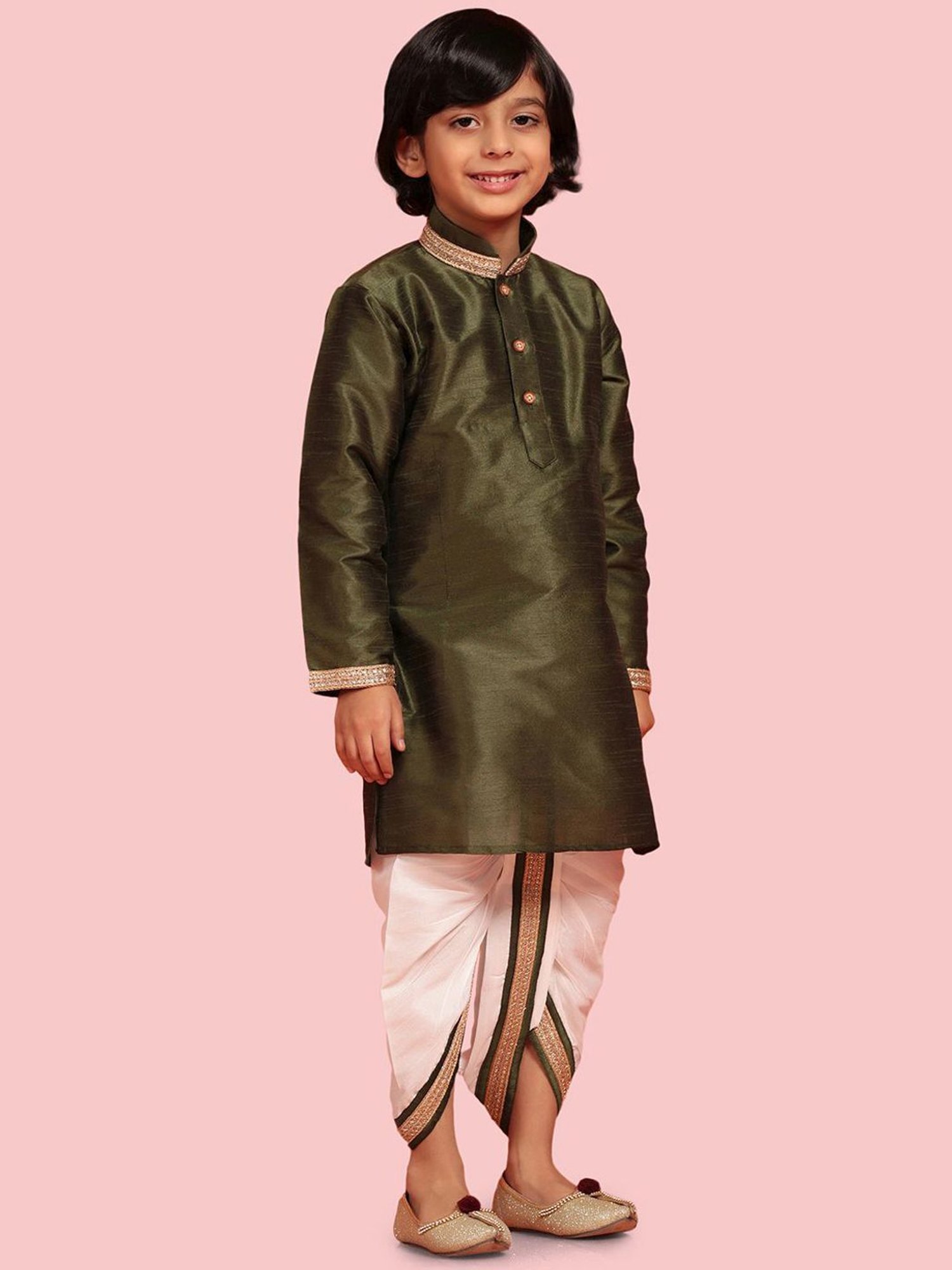 AJ Dezines Kids Olive Green & White Embroidered Full Sleeves Kurta Set