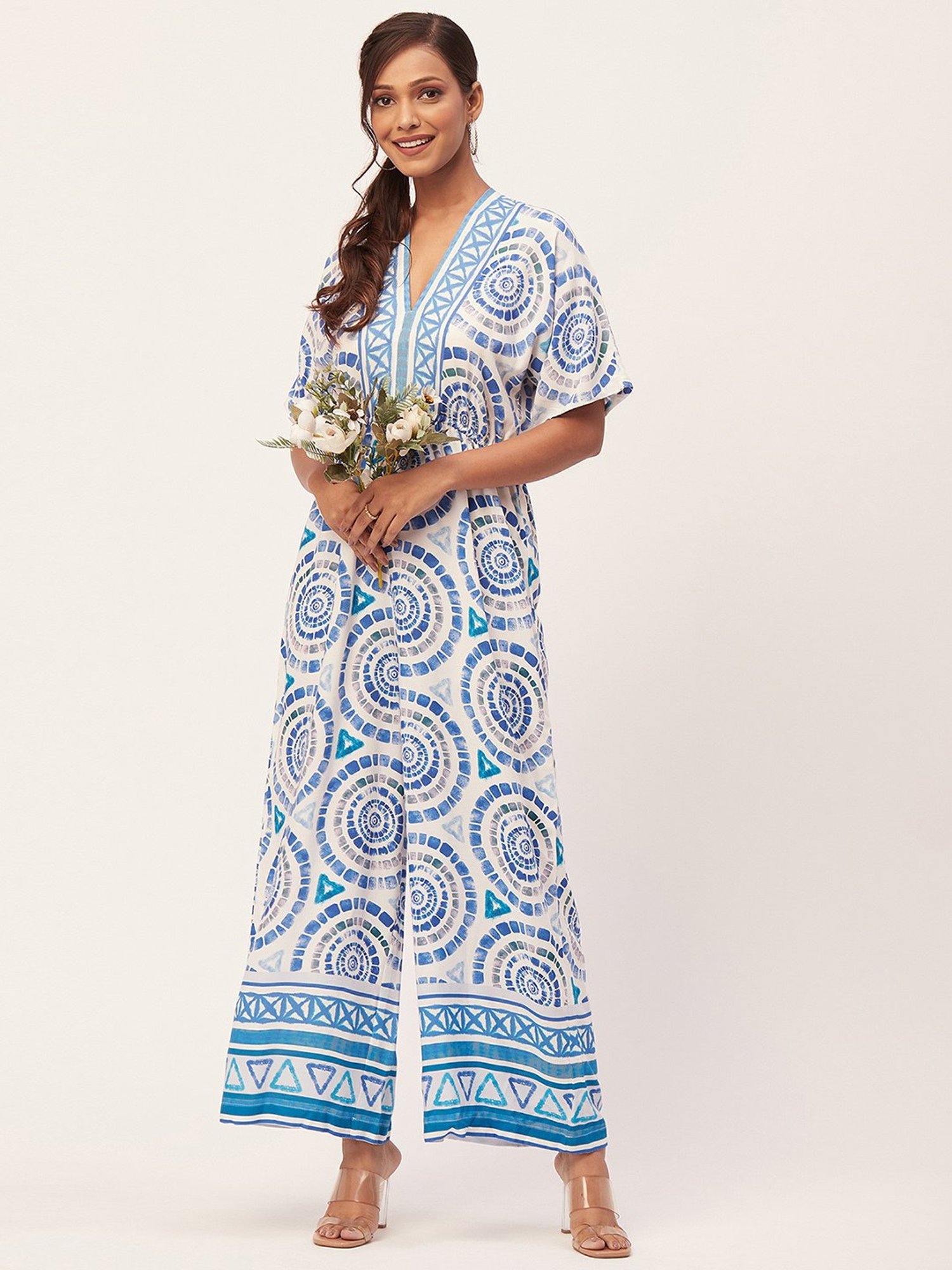 Moomaya Blue & White Printed Jumpsuit